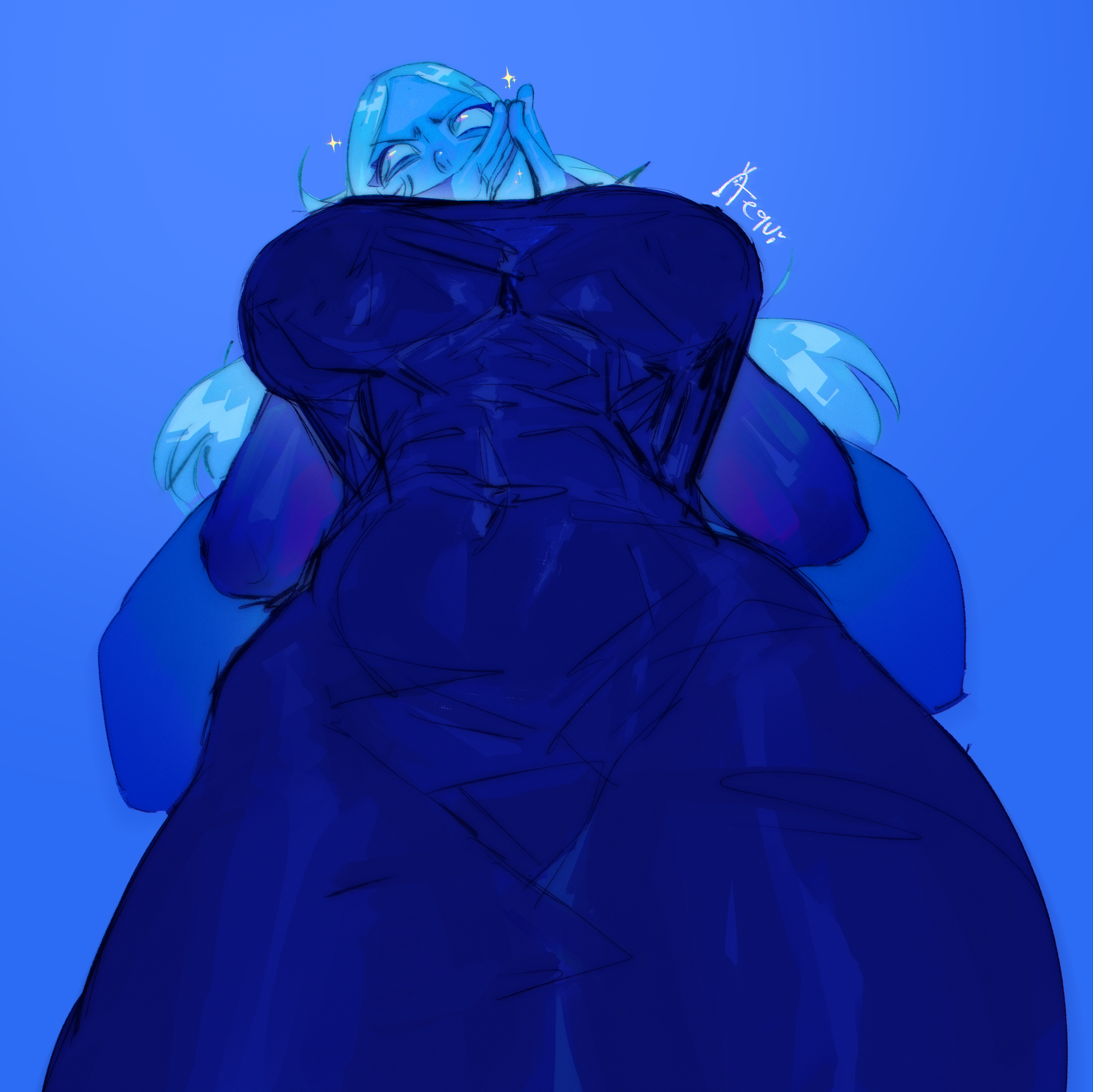 1girls, blue background, blue diamond (steven universe), blue dress, blue hair, blue skin, blue-haired female, breasts, female, from behind, huge breasts, solo, steven universe, teguimor, tight clothing, tight dress