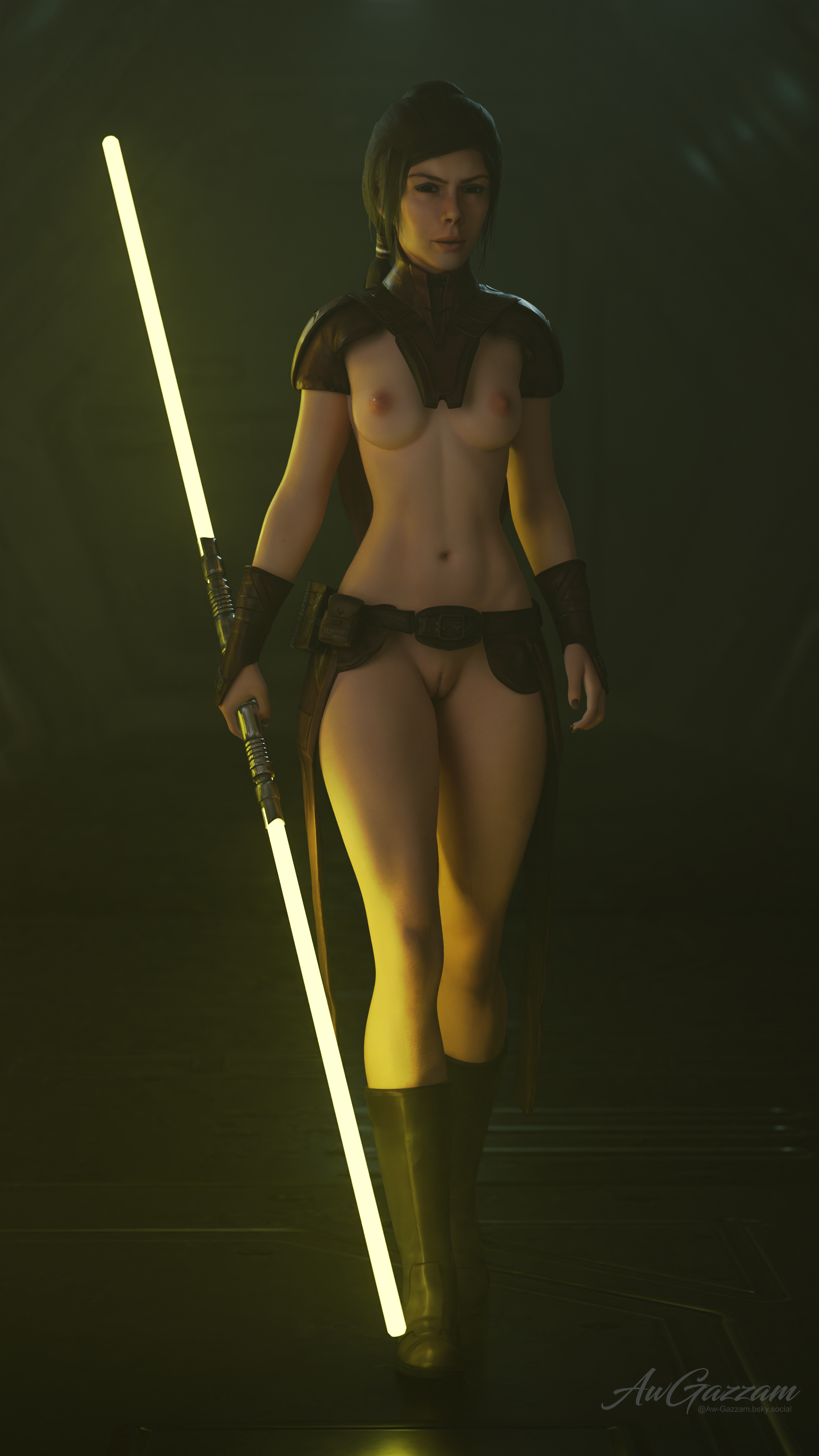 1girls, 3d, aw-gazzam, bastila shan, belt, breasts, casual, dual-bladed lightsaber, exposed breasts, female, footwear, handwear, human, jedi, knights of the old republic, knights of the old republic (series), lightsaber, naked footwear, pale skin, pussy, star wars, tactical nudity, weapon, yellow lightsaber
