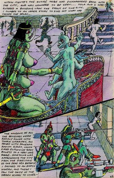 a_princess_of_mars alien breasts comic edgar_rice_burroughs female green_martian gun humanoid james_killian_spratt john_carter male nude ranged_weapon rifle sitting sola weapon