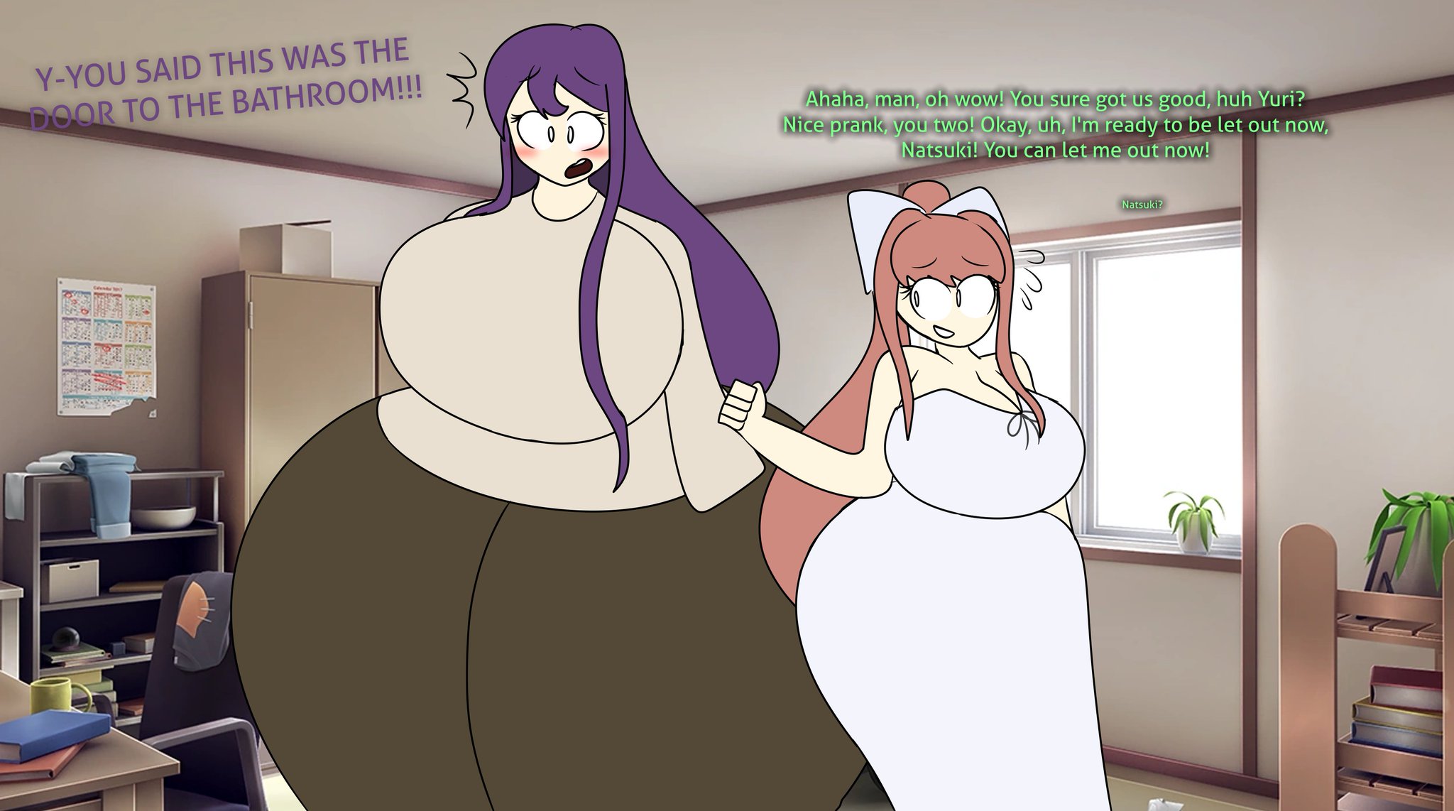 2girls, ass, big ass, big breasts, big butt, breasts, chubby, chubby female, doki doki literature club, fat, fat ass, fat butt, female, female only, huge ass, huge breasts, huge butt, hyper ass, hyper butt, memphisdx, metallicdx, monika (doki doki literature club), size difference, taller female, yuri (doki doki literature club)