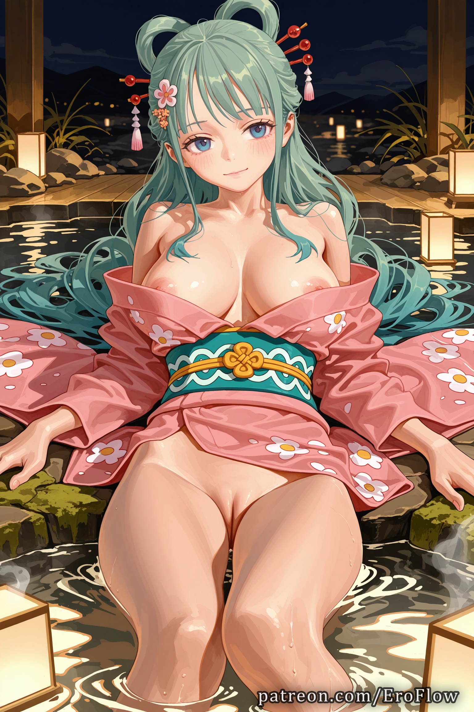 1girls, 2025, ai generated, bangs, bare shoulders, blue eyes, blush, breasts, breasts apart, cleft of venus, closed mouth, clothing, collarbone, eroflow, female, female only, floral print, flower, genitals, green hair, hair ornament, hair rings, hair stick, hi res, highres, japanese clothes, kimono, komurasaki, kozuki hiyori, large breasts, long hair, looking at viewer, naked kimono, night, nipples, no panties, obi, off shoulder, one piece, onsen, patreon, pink kimono, pussy, sash, sitting, smile, solo, tight pussy, voluptuous, voluptuous female, wafuku, water, wet