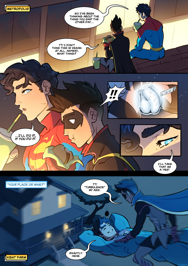2boys black_hair blue_eyes cape damian_wayne dc dc_comics dialogue domino_mask duo duo_focus duo_male eromite flying jon-el jonathan_kent male male/male male_only red_gloves robin_(damian_wayne) robin_(dc) schizoid superboy superboy_(jonathan_kent) superhero supersons teen_titans x-ray_vision younger_male