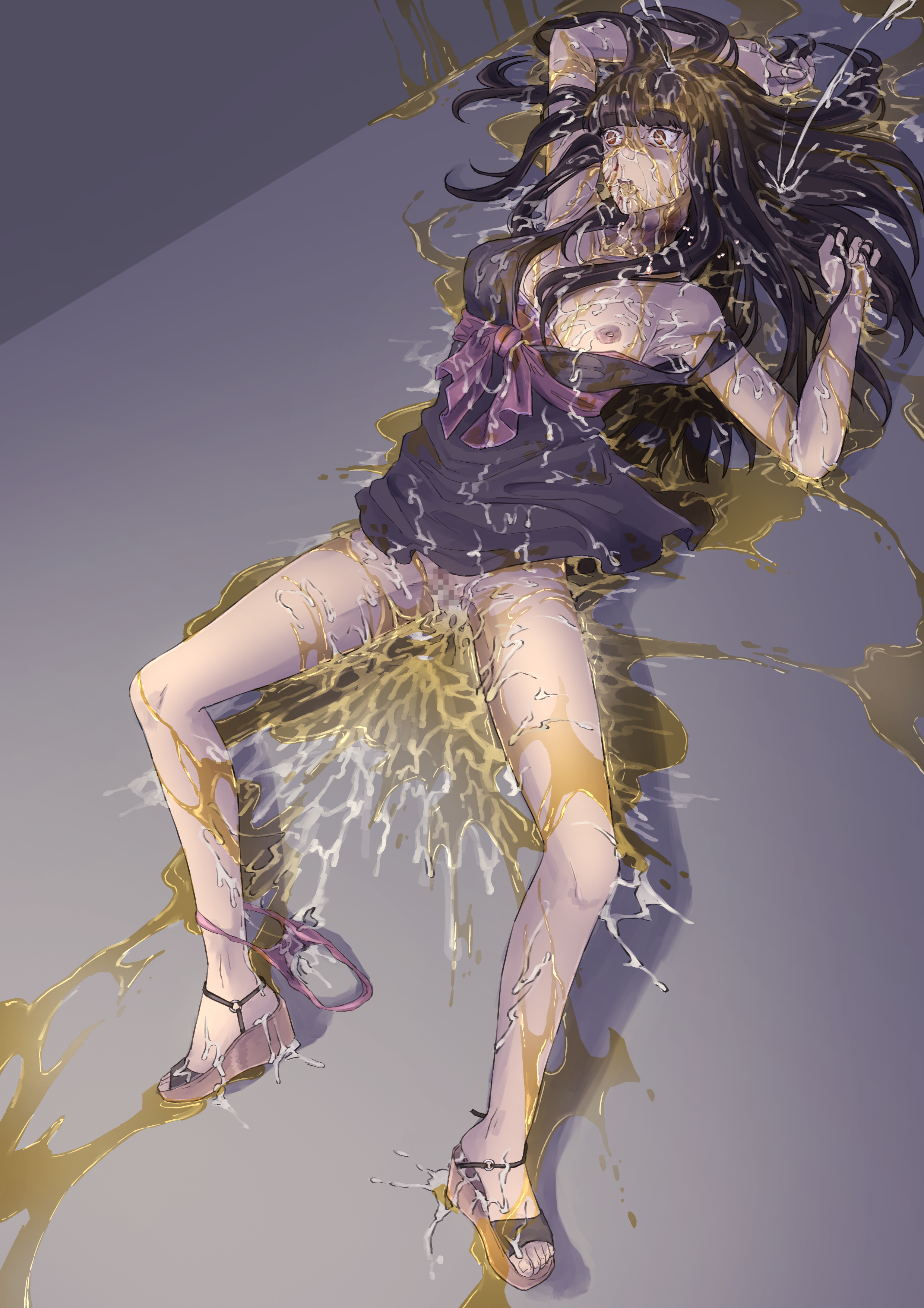 1girls, black, black dress, black hair, breasts, bukkake, censored, censored pussy, corpse, cum dump, cum in pussy, cum on body, death, female, female death, hime cut, idolmaster, idolmaster cinderella girls, kurokawa chiaki, long hair, neck break, necrophilia, nipples, nullchan, panties, peeing, pussy, solo, urine