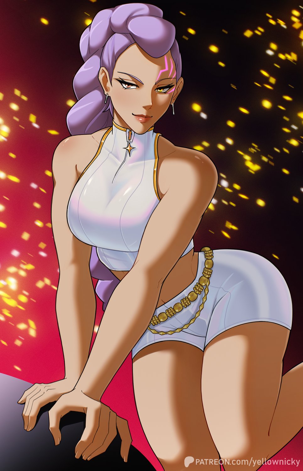 1girls, 2026, artist name, big breasts, braid, braided hair, braided ponytail, braids, breasts, chains, clothed, clothed female, clothing, crop top, dichromatic eyes, english, english text, female, female focus, female only, fully clothed, fully clothed female, half-demon, heterochromia, kpop demon hunters, light skin, light-skinned female, netflix, patreon, patreon username, patterns, ponytail, purple hair, purple hair female, purple-haired female, rumi (kpop demon hunters), seducing, seduction, seductive, seductive body, seductive eyes, seductive gaze, seductive look, seductive mouth, seductive pose, seductive smile, sfw, short shorts, shorts, softcore, solo, solo female, solo focus, sony, sony corporation, sony interactive entertainment, sony pictures animation, text, thick thighs, thighs, yellow nicky (artist)