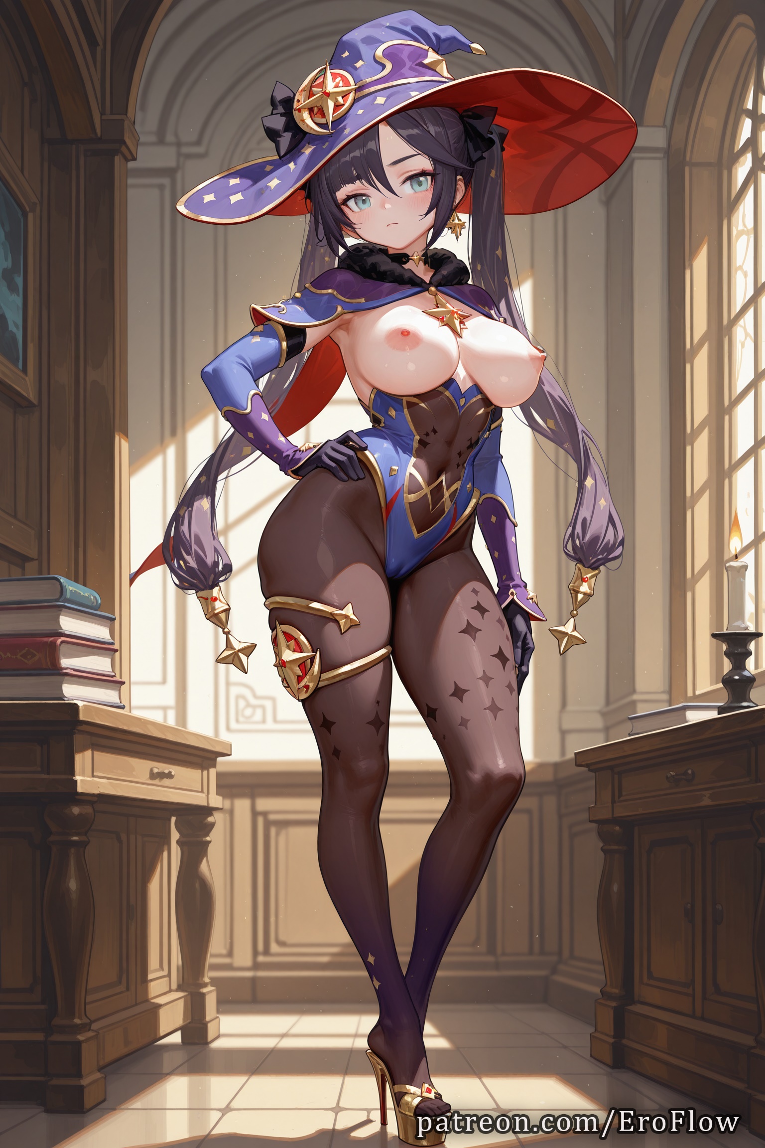 1girls, 2025, ai generated, black choker, black gloves, black hair, black pantyhose, blue leotard, bodystocking, book, breasts, breasts out, cameltoe, curvaceous, detached sleeves, earrings, elbow gloves, eroflow, female, full body, genshin impact, gloves, gold trim, hand on hip, hand on own hip, hat, hat ornament, hi res, high heels, highleg, highleg leotard, highres, hoyoverse, jewelry, leotard, long hair, looking at viewer, mihoyo, mihoyo technology (shanghai) co. ltd., mona (genshin impact), nipples, pantyhose, patreon, pussy, solo, standing, star earrings, teasing, thighlet, thighs, twintails, voluptuous, voluptuous female, witch hat