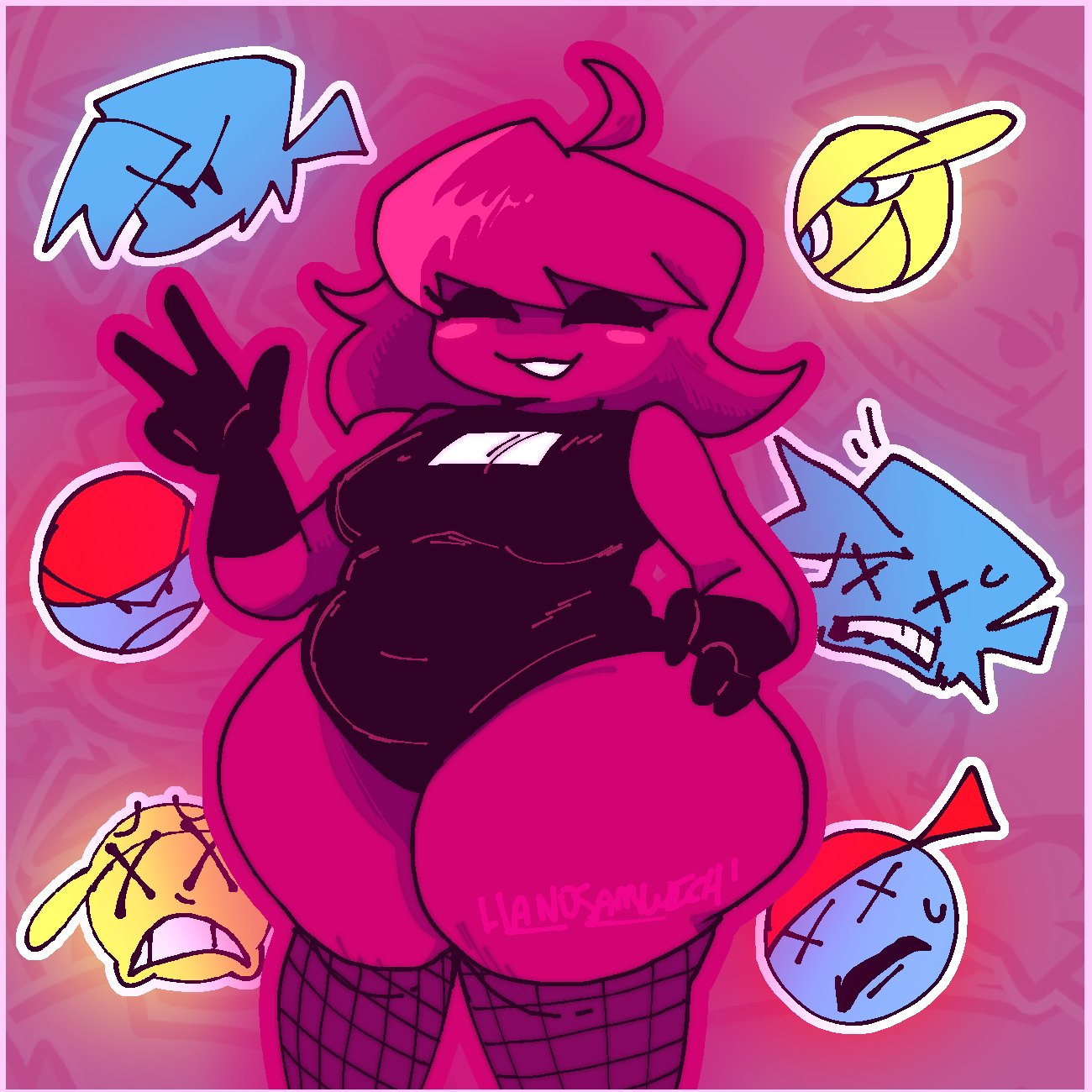 ass, belly, big ass, blush, boyfriend (friday night funkin), chubby, chubby female, fat, fat ass, fat belly, fat female, female, fishnets, friday night funkin, friday night funkin mod, girlfriend (friday night funkin), hand on hip, handsamwich, huge ass, minus bf (beta) (iagoanims), minus bf (blue) (iagoanims), minus bf (mean) (iagoanims), minus gf (iagoanims), peace sign, pink hair, pink skin, pink-skinned female, red skin, smiling, thick, thick ass, tight clothing