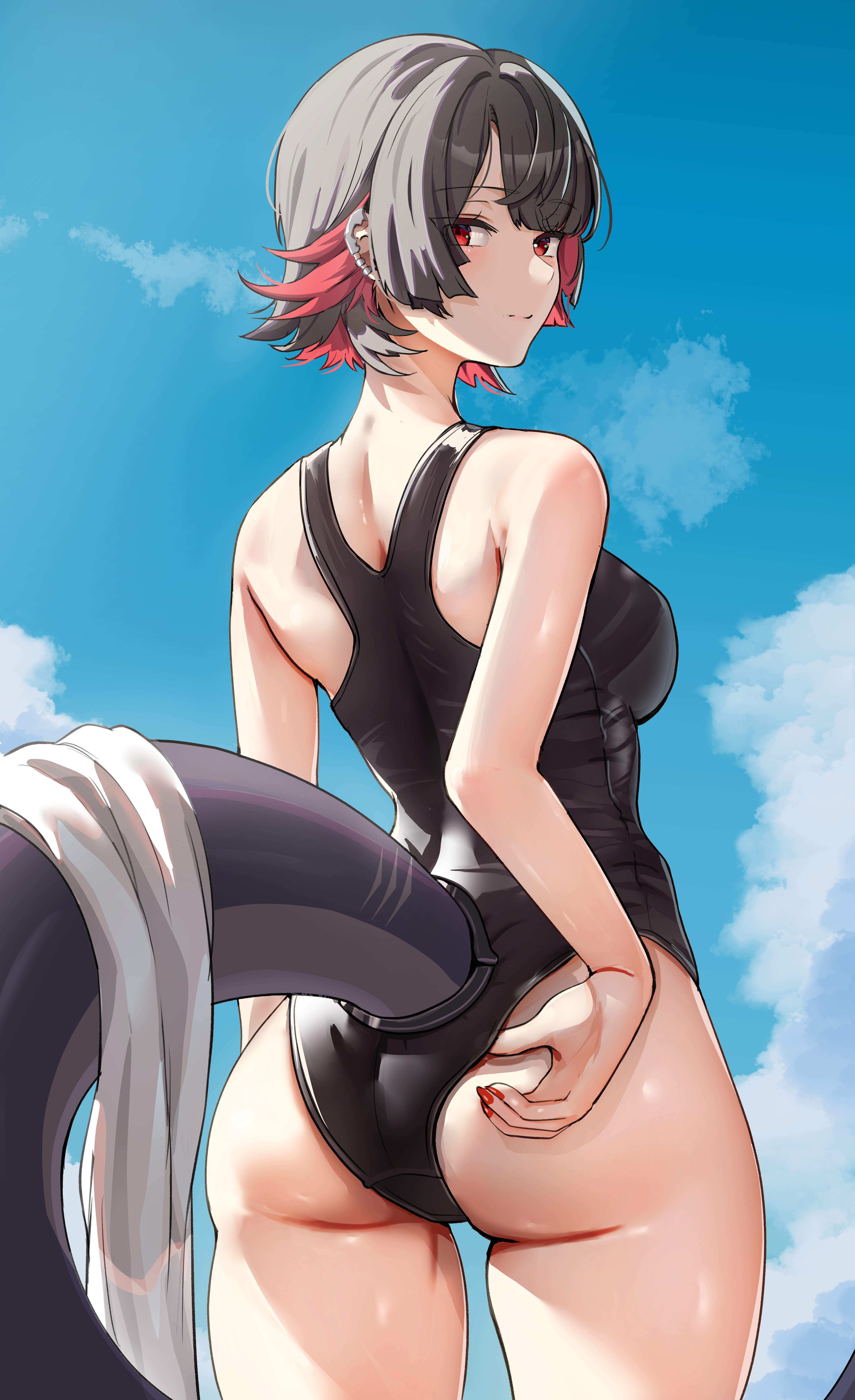 absurdres, ass, bare shoulders, black hair, black one-piece swimsuit, blue sky, breasts, cloud, colored inner hair, commentary, day, ellen joe, female, female only, fins, fish tail, highres, looking at viewer, medium breasts, multicolored hair, one-piece swimsuit, red eyes, red hair, shark tail, sky, solo, standing, swimsuit, tail, thighs, yami anko, zenless zone zero