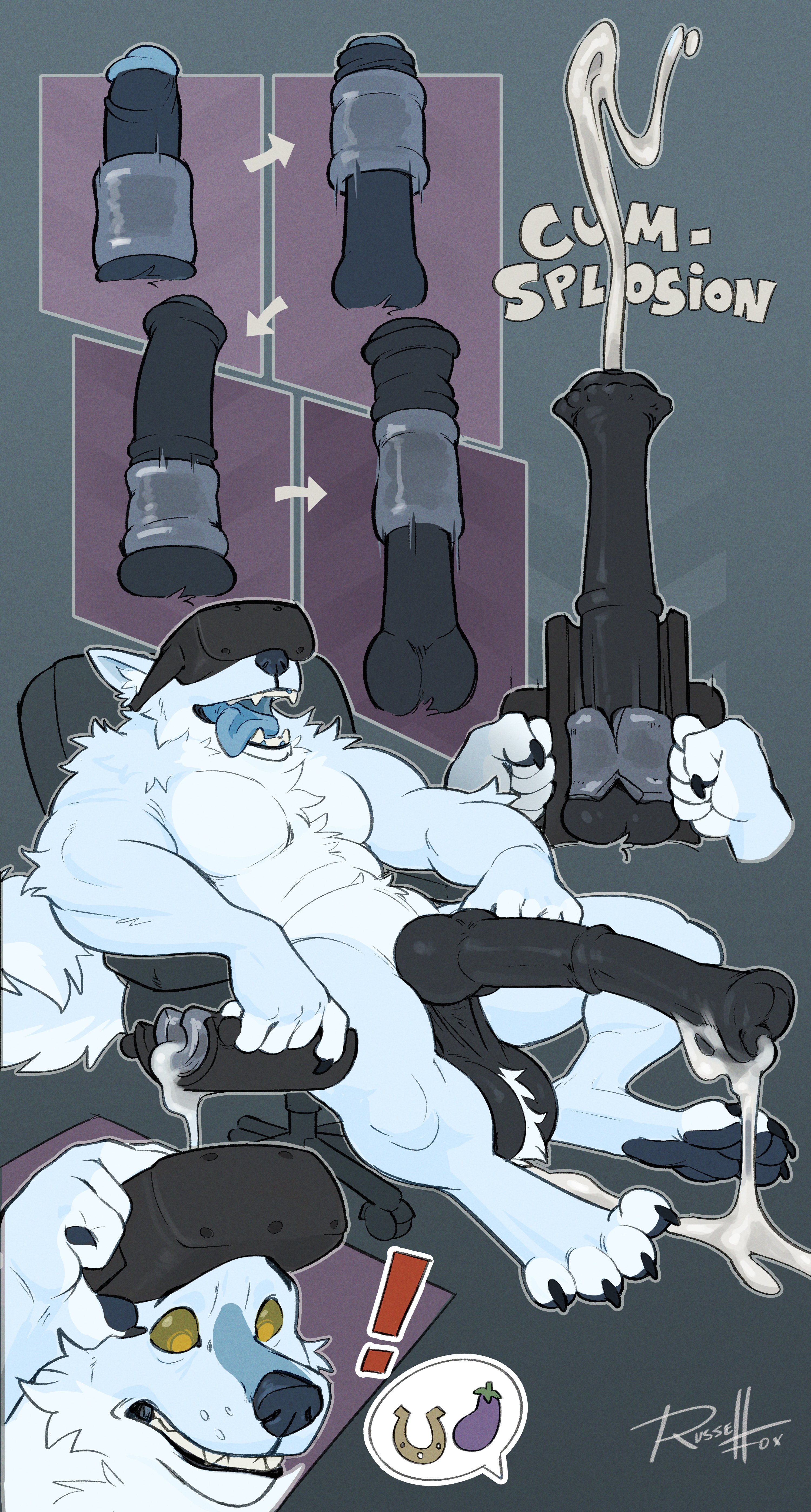 absurd res, animal genitalia, animal penis, anthro, anthro focus, breeding mount, canid, canine, canis, cirrus (bestteeth), domestic dog, equine genitalia, equine penis, genital transformation, genitals, hi res, hybrid genitalia, hybrid penis, knot, knotted equine penis, knotted penis, male, male/male, mammal, muscular, muscular male, nordic sled dog, penis, russell allen, samoyed, spitz, transformation