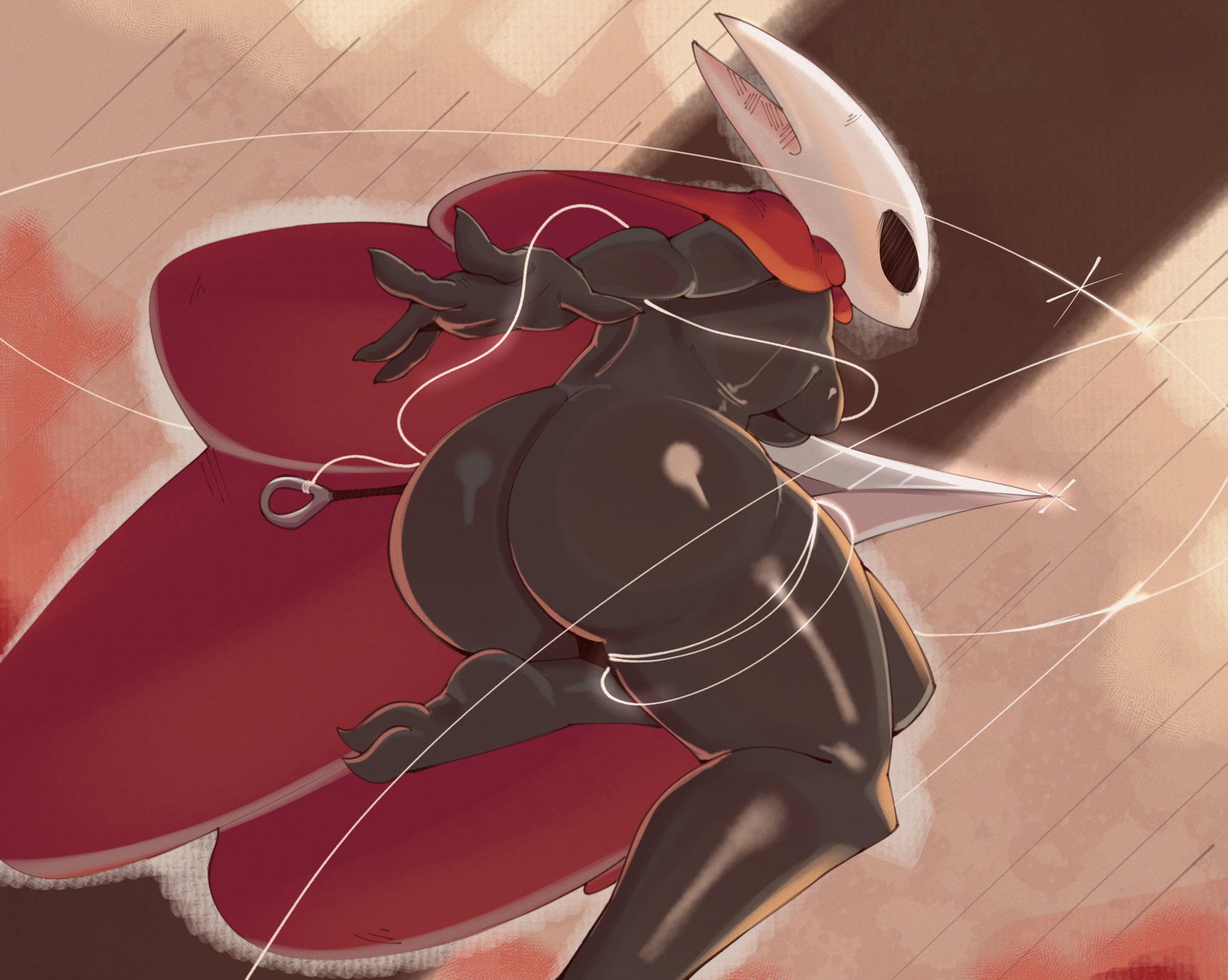 1girls, 2d, anthro, arachnid, ass, ass focus, back view, big ass, big breasts, black body, black skin, blue pussy, breasts, bug, bug girl, butt crack, cape, color, colored, dark skin, dark-skinned female, digital media (artwork), female, hi res, highres, holding object, holding weapon, hollow knight, hornet (hollow knight), large ass, large breasts, looking at viewer, looking back, looking back at viewer, looking over shoulder, mostly naked, pussy, red cape, solo, solo female, string, tail, talons tw, team cherry, video game character, weapon, wide hips
