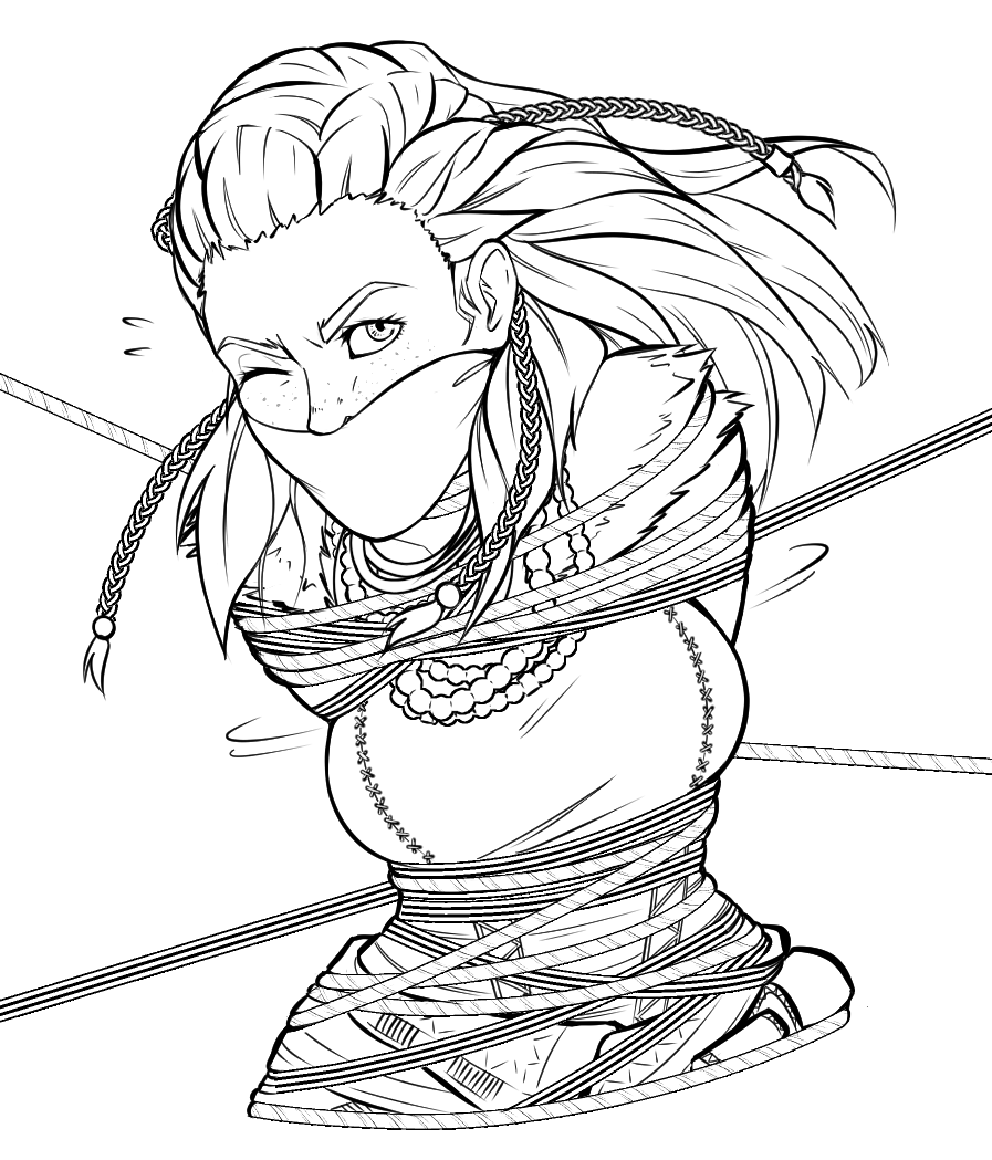 aloy arms_tied_behind_back big_breasts bondage breasts cloth_gag freckles gag gagged horizon_zero_dawn rope_bondage sketch wossarem