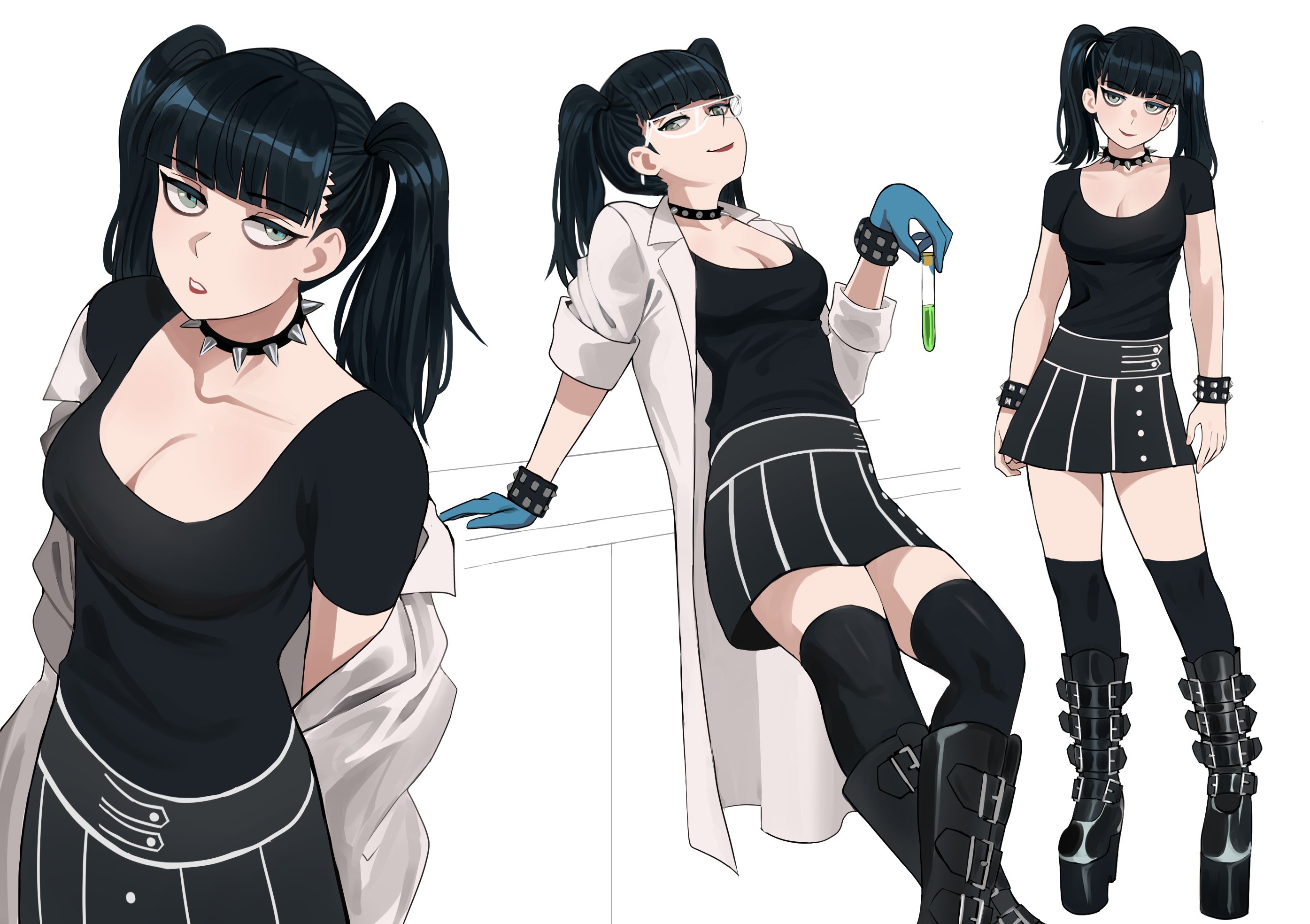 2025, 3girls, abby sciuto, bangs, bedroom eyes, black boots, black hair, black kneesocks, black legwear, black shirt, black shoes, black skirt, black t-shirt, black thighhighs, blunt bangs, blunt ends, boots, bracelet, breasts, cleavage, closed mouth, closed mouth smile, clothed, clothing, collar, colored, digital media (artwork), eyebags, eyeshadow, eyewear, female, full body, gloves, goggles, goth, goth girl, green eyes, half-closed eyes, high-angle view, holding object, holding test tube, jourd4n, kneesocks, labcoat, latex gloves, leaning, leaning back, leaning on object, leaning on table, light skin, light-skinned female, lipstick, long hair, looking at viewer, looking up, looking up at viewer, medium breasts, medium hair, multiple outfits, multiple poses, multiple views, ncis, necklace, open mouth, pale skin, pale-skinned female, pauley perrette, pinup, platform boots, platform heels, red lipstick, relaxed, safety goggles, scientist, shirt tucked in, simple background, skirt, smile, smiling at viewer, spiked bracelet, spiked collar, standing, t-shirt, test tube, thighhighs, tied hair, tilted head, twintails, undressing, undressing self, white background, white coat