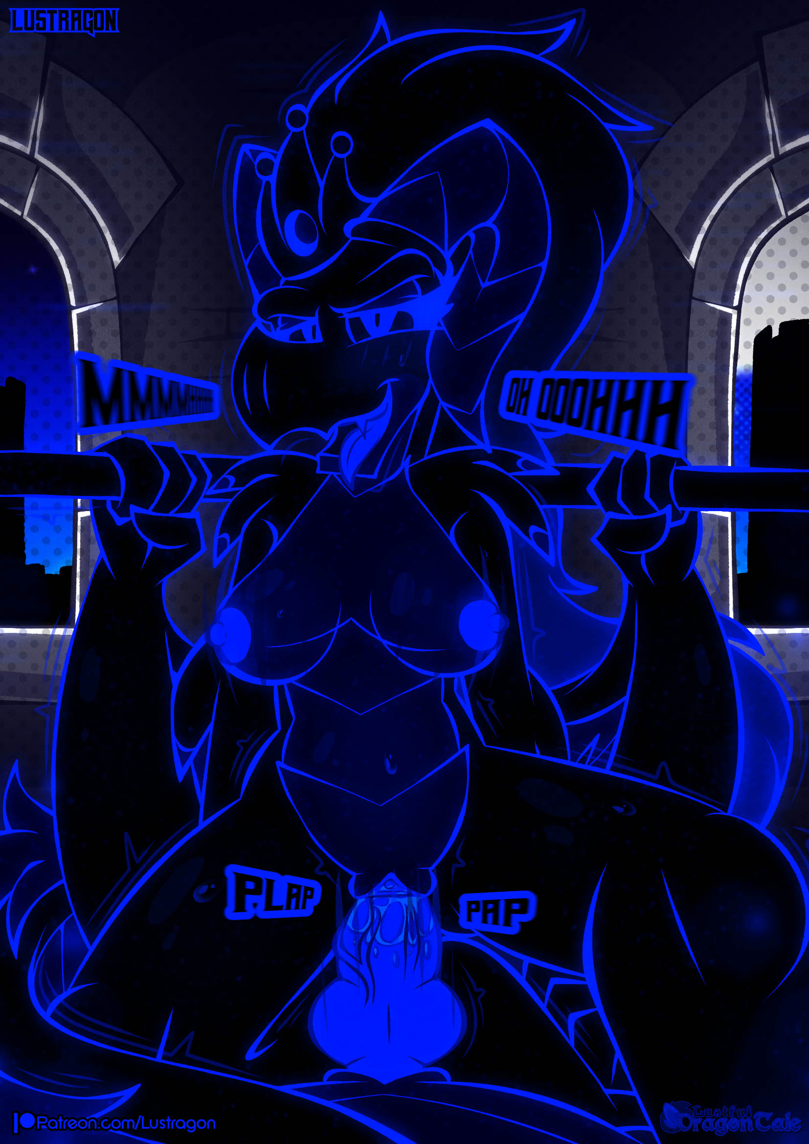 anthro areola blue_body blush bodily_fluids breasts dark_queen_(iestraig) demon_dragon digital_media_(artwork) dragon duo erection female fur genital_fluids genitals glowing glowing_body glowing_eyes glowing_genitalia glowing_nipples glowing_outline glowing_pussy hair hi_res horn knot looking_at_viewer lustragon male male/female male_penetrating mammal mythological_creature mythological_scalie mythology nipples nude open_mouth penetration penile penis pussy scalie sex solo_focus staff tail teeth text tongue wings