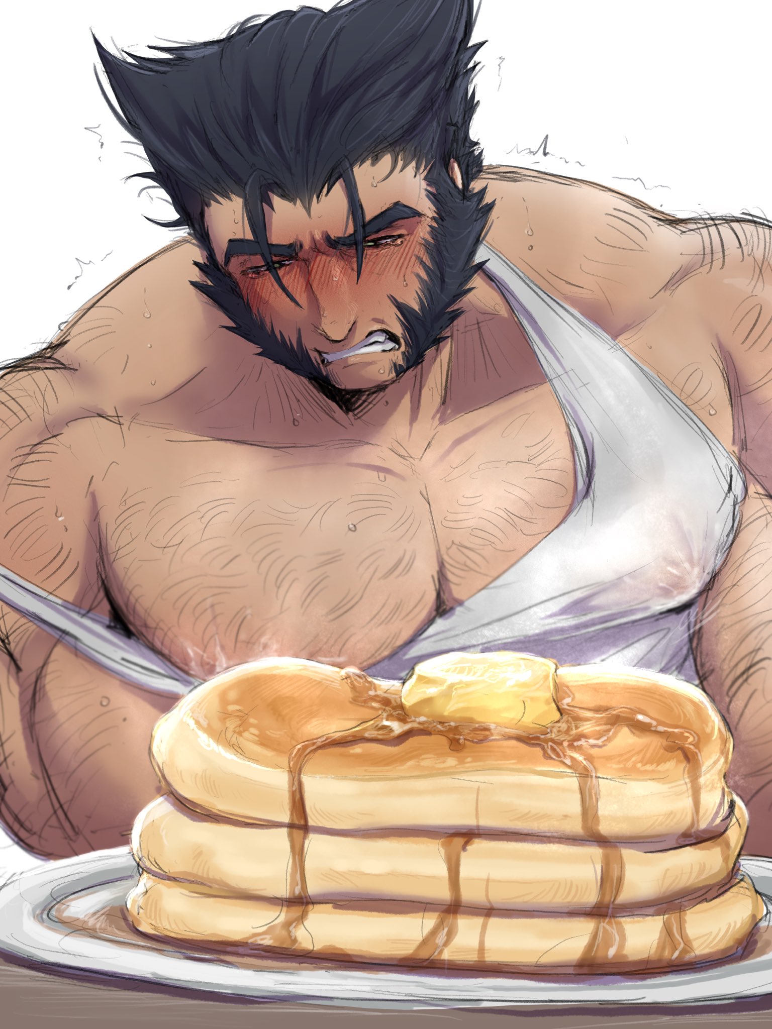 1boy, baimonbluewhale, black hair, blush, food, hairy, hairy chest, hairy male, james howlett, lactation, large pectorals, logan (x-men), male, male lactation, male only, marvel, marvel comics, milk, muscular, muscular male, nipples, pancakes, tank top, wolverine (x-men), x-men