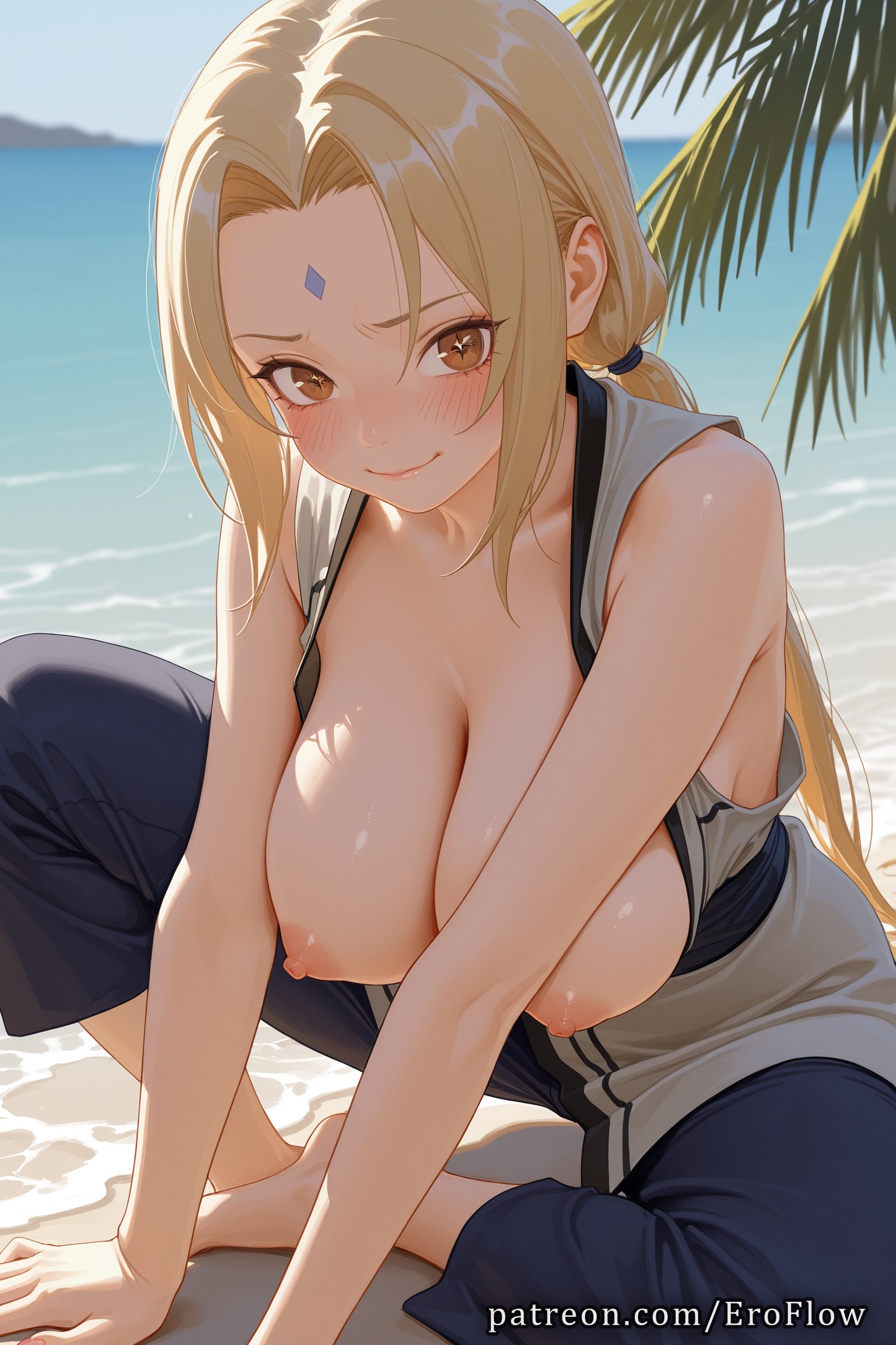 1girls, 2025, ai generated, bangs, bare shoulders, barefoot, beach, blonde hair, blush, boruto: naruto next generations, breasts, breasts out, breasts outside, brown eyes, cleavage, closed mouth, collarbone, erect nipples, eroflow, facial mark, female, forehead mark, grey kimono, hard nipples, hi res, highres, japanese clothes, kimono, large breasts, long hair, looking at viewer, mature female, naruto, naruto (classic), naruto (series), naruto bomb, naruto shippuden, naruto: road to ninja, naruto: the last, nipples, ocean, outdoors, pants, patreon, sand, shore, sleeveless, smile, solo, tsunade, voluptuous, voluptuous female, water
