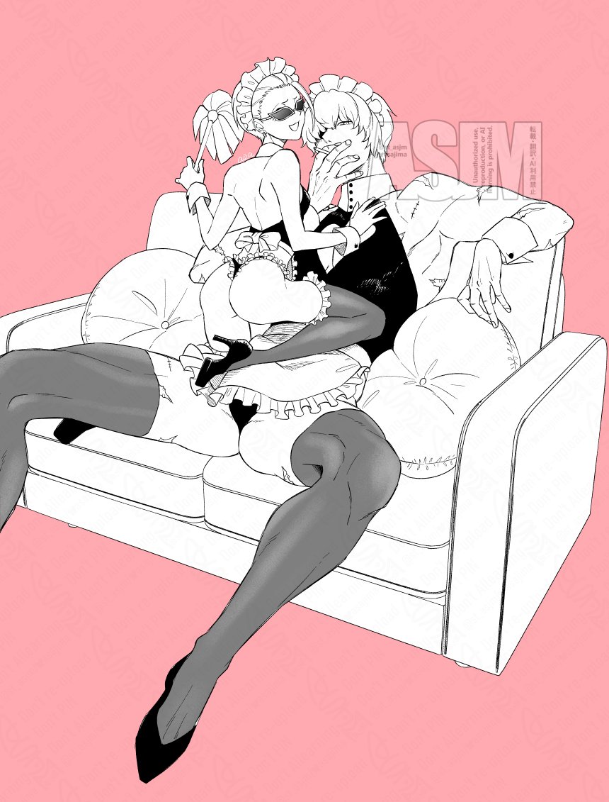 1boy 1girls apron asajima ass brother_and_sister canon_genderswap cigarette crossdressing donquixote_doflamingo donquixote_rosinante female frills genderswap_(mtf) height_difference high_heels incest larger_male looking_at_viewer looking_back maid maid_headdress maid_uniform male mini_giant muscular muscular_male older_sister_younger_brother one_piece pink_background rule_63 short_hair siblings sitting sitting_on_lap sitting_on_person size_difference smaller_female smile smoking spread_legs straddling sunglasses thighhighs