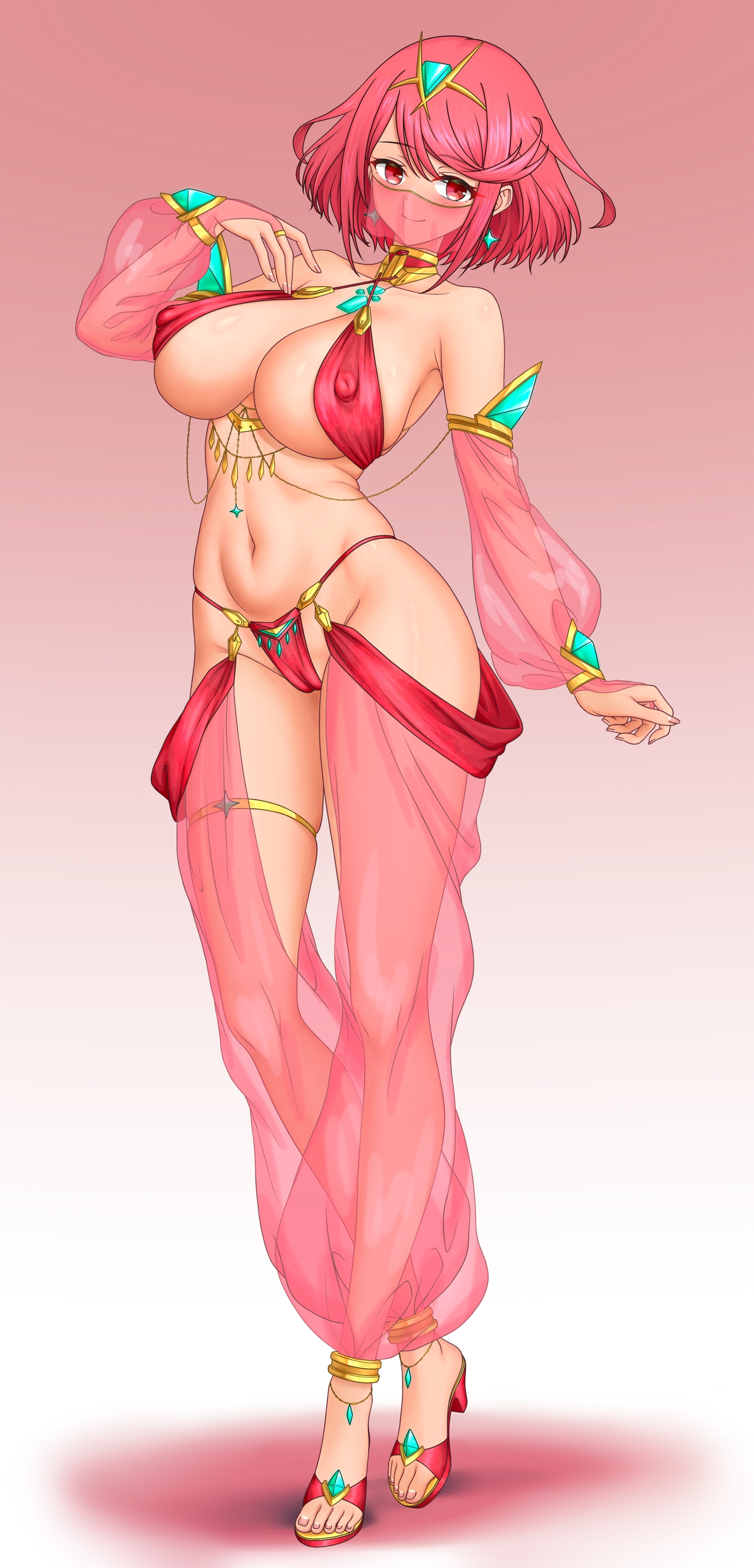 1girls, absurd res, alluring, alternate costume, belly dancer, belly dancer outfit, big breasts, breasts, dancer, dancer outfit, feichu keju, female, harem outfit, harem pants, heroine, high res, milf, mouth veil, pyra, red eyes, red hair, short hair, veil, xenoblade (series), xenoblade chronicles 2