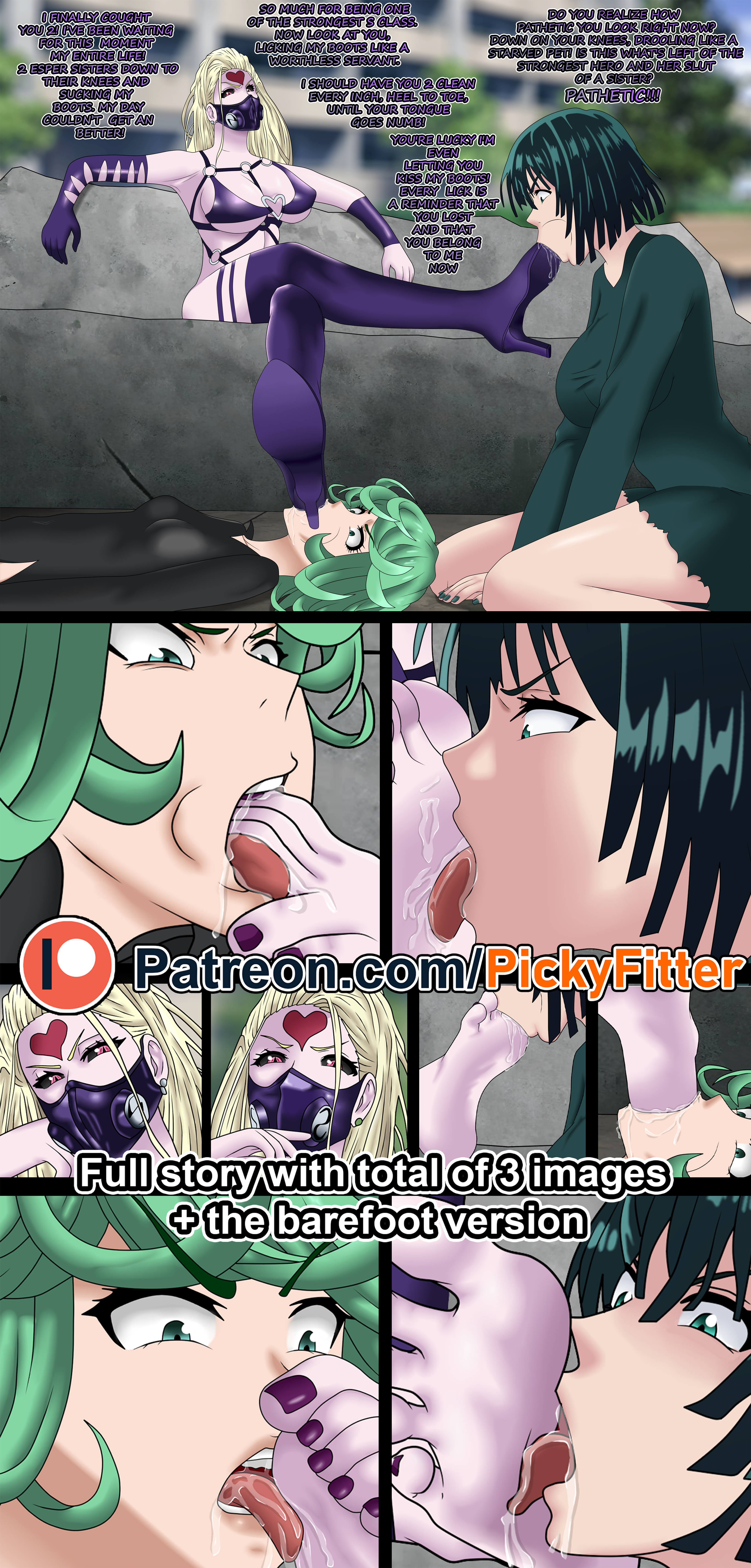 3girls, angry, angry expression, angry face, barefoot, bdsm gear, bdsm outfit, big breasts, black dress, black eyes, blonde hair, bondage, boot fetish, boot licking, boot worship, boots, breasts, crossed legs, dialogue, disgusted, evil grin, evil smile, feet, feet focus, female, foot fetish, foot lick, forced, fubuki (one-punch man), green dress, green eyes, green fingernails, green hair, heart, heel suck, heels, high heel boots, high heels, humiliated, humiliating, humiliation, kaijin hime do-s, legs crossed, lesbian domination, monologue, one-punch man, pickyfitter, pink skin, purple outfit, purple toenails, red eyes, revenge, sadism, sadistic, sadistic female, saliva, saliva trail, sitting, smile, soles, soles female, tatsumaki, toes, toes sucking, torn clothes, torn clothing, yuri