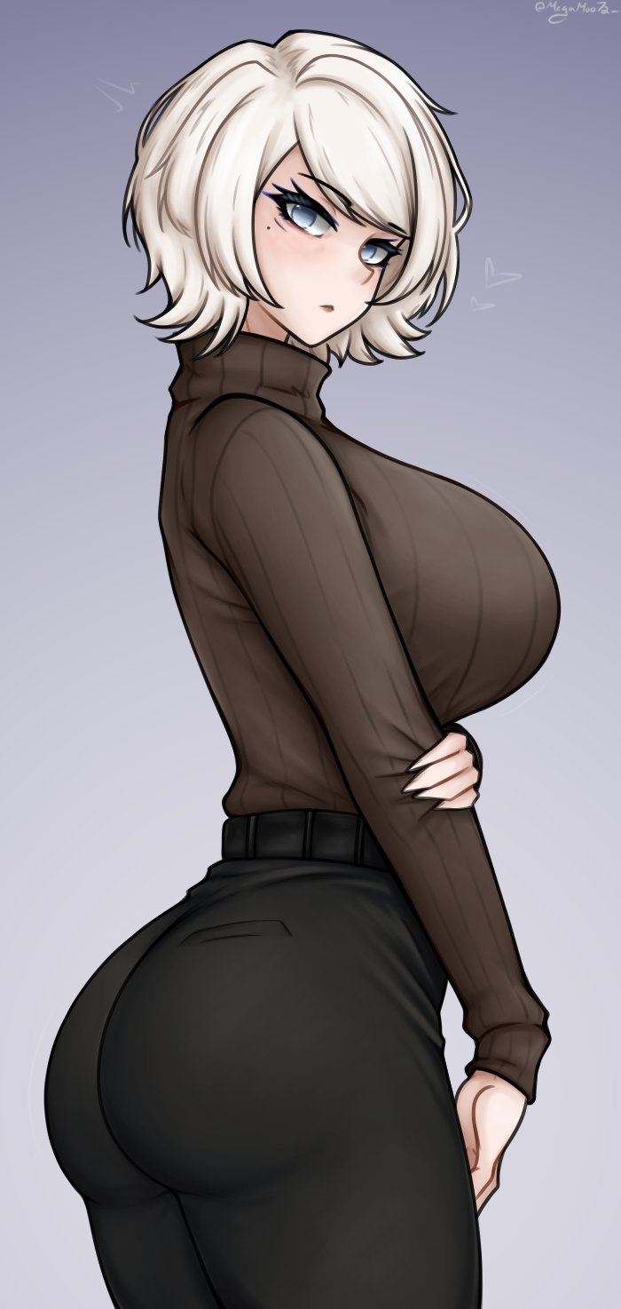1girls, ass, big breasts, blue eyes, breasts, brown sweater, clothed female, faust (limbus company), female, huge breasts, light skin, light-skinned female, limbus company, megamoo, mole, mole under eye, pants, project moon, side view, solo, solo female, sweater, thick thighs, thighs, watermark, white hair
