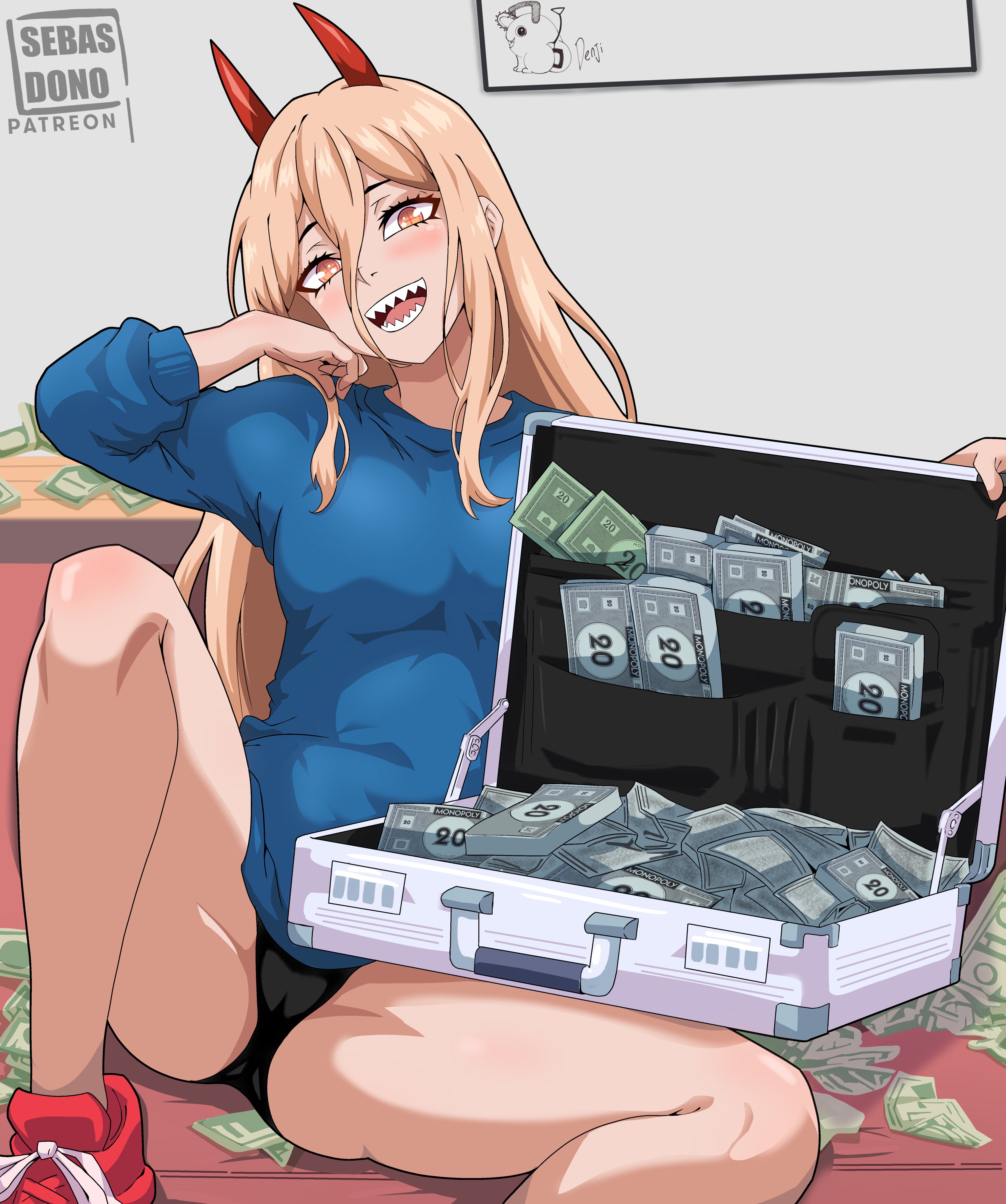 :d, absurdres, banknote, black panties, blonde hair, blue sweater, briefcase, chainsaw man, commentary, female, highres, horns, knee up, long sleeves, money, monopoly, monopoly money, open mouth, panties, pochita (chainsaw man), power (chainsaw man), red shoes, sebasdono, sharp teeth, shoes, smile, solo, sweater, teeth, thighs, underwear, yellow eyes