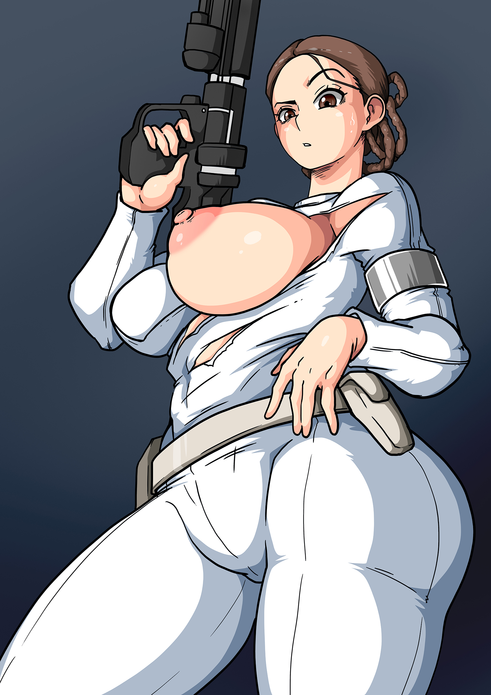 1girls, attack of the clones, blaster (star wars), breasts, brunette, brunette hair, exposed breasts, eyebrow raise, female, gun, huge breasts, padme amidala, star wars, tagme, tits, torn clothes, wide hips, witchking00
