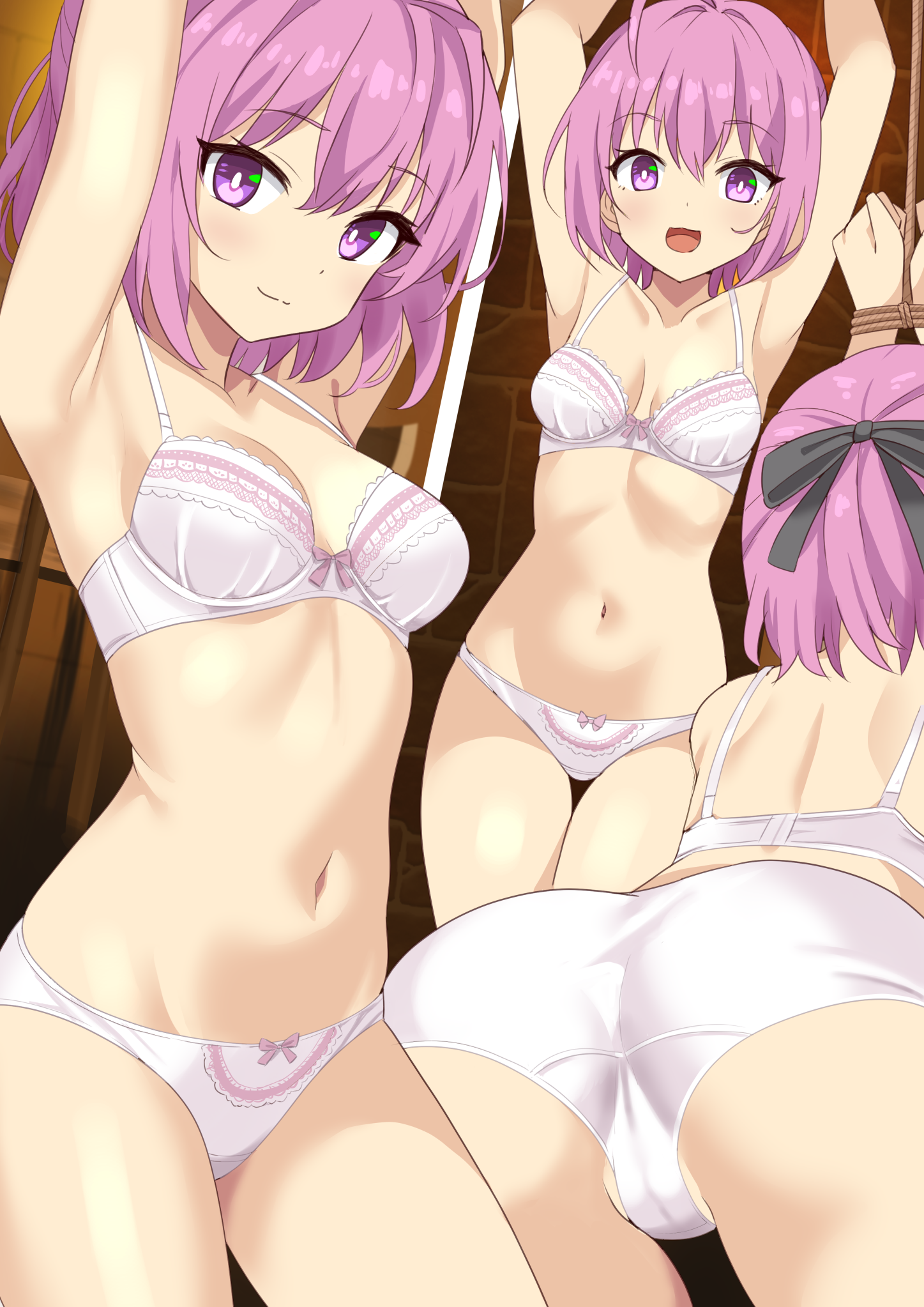 :d, 1girls, ahoge, armpits, arms up, ass, back, bare shoulders, bars, belly, black ribbon, bondage, bound, bound wrists, bow, bow bra, bow panties, bra, breasts, cameltoe, choujin koukousei-tachi wa isekai demo yoyuu de ikinuku you desu!, clenched hand, clenched hands, closed mouth, collarbone, commentary request, commission, dungeon, female, hair between eyes, hair ornament, hair ribbon, highres, indoors, lace, lace trim, lace-trimmed bra, lace-trimmed panties, legs, looking ahead, looking at viewer, looking to the side, medium breasts, medium hair, multiple views, navel, open mouth, panties, partial commentary, partially visible vulva, pink bow, pink eyes, pink hair, pixiv commission, purple eyes, pussy, ribbon, rope, rope belt, sarutobi shinobu, shimouki izui, shinobu sarutobi, short hair, small breasts, smile, stomach, stone wall, thigh gap, thighs, trefoil, underwear, underwear only, white bra, white panties