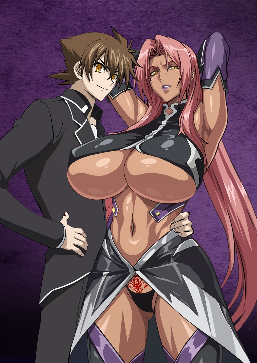 1boy, 1girls, big breasts, breasts, brown hair, crossover, dark skin, dark-skinned female, female, high school dxd, highres, hyoudou issei, ingrid (taimanin asagi), inmon, male, navel, pink hair, pubic tattoo, purple lipstick, revealing clothes, taimanin (series), underboob, womb tattoo, yellow eyes, yxyyxy