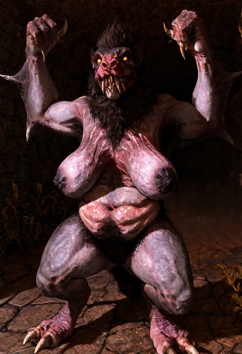 1girls ai_generated areola areolae big_areola big_areolae big_breasts breasts breasts_apart chubby fangs female fur huge_breasts lizzieaddams mature mature_female milf monster monster_girl nightmare_waifu slightly_chubby solo teratophilia ugly werecanid werewolf