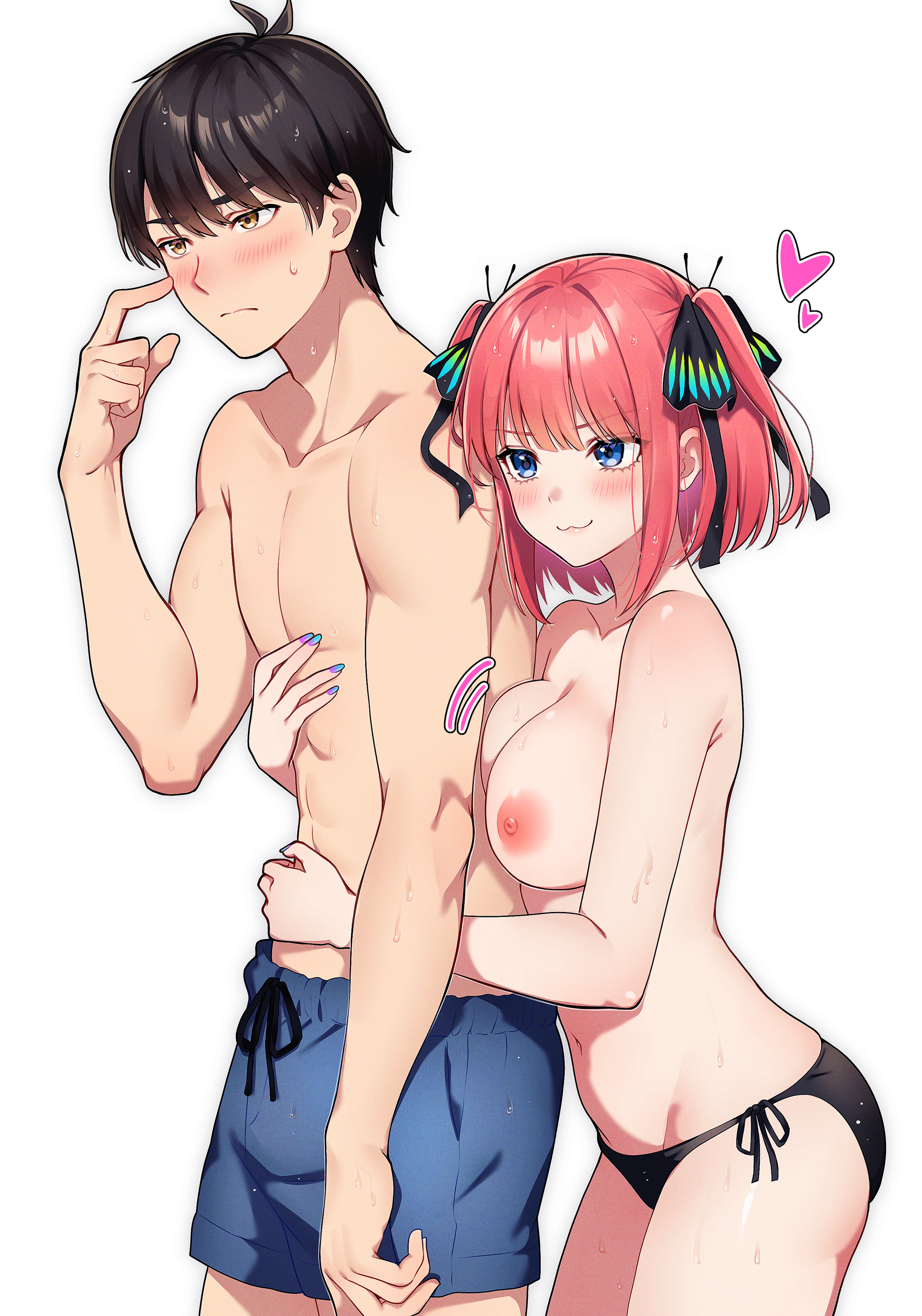 :3, 1boy, antenna hair, arm around waist, arms around waist, assertive female, bikini, bikini bottom only, black bikini, black hair, black ribbon, blue eyes, blue nails, blunt bangs, blush, bob cut, breast press, breasts, brown eyes, bulge, butterfly hair ornament, cleavage, closed mouth, collarbone, couple, cowboy shot, embarrassed, eyebrows hidden by hair, eyelashes, female, finger to cheek, fingernails, from side, frown, furrowed brow, go-toubun no hanayome, groin, hair between eyes, hair ornament, hair ribbon, hand on another's chest, hand on another's stomach, hand up, heart, height difference, hug, hug from behind, kurosaki coco, large breasts, male, male swimwear, medium hair, motion lines, multicolored nails, nail polish, nakano nino, navel, nervous smile, nipples, nose blush, pink hair, ribbon, scratching cheek, short hair, shy, side-tie bikini bottom, sidelocks, simple background, smile, standing, stomach, straight, straight hair, sweat, sweatdrop, swim trunks, swimsuit, thighs, topless, topless male, two side up, uesugi fuutarou, v-shaped eyebrows, wet, white background, wholesome, yellow eyes