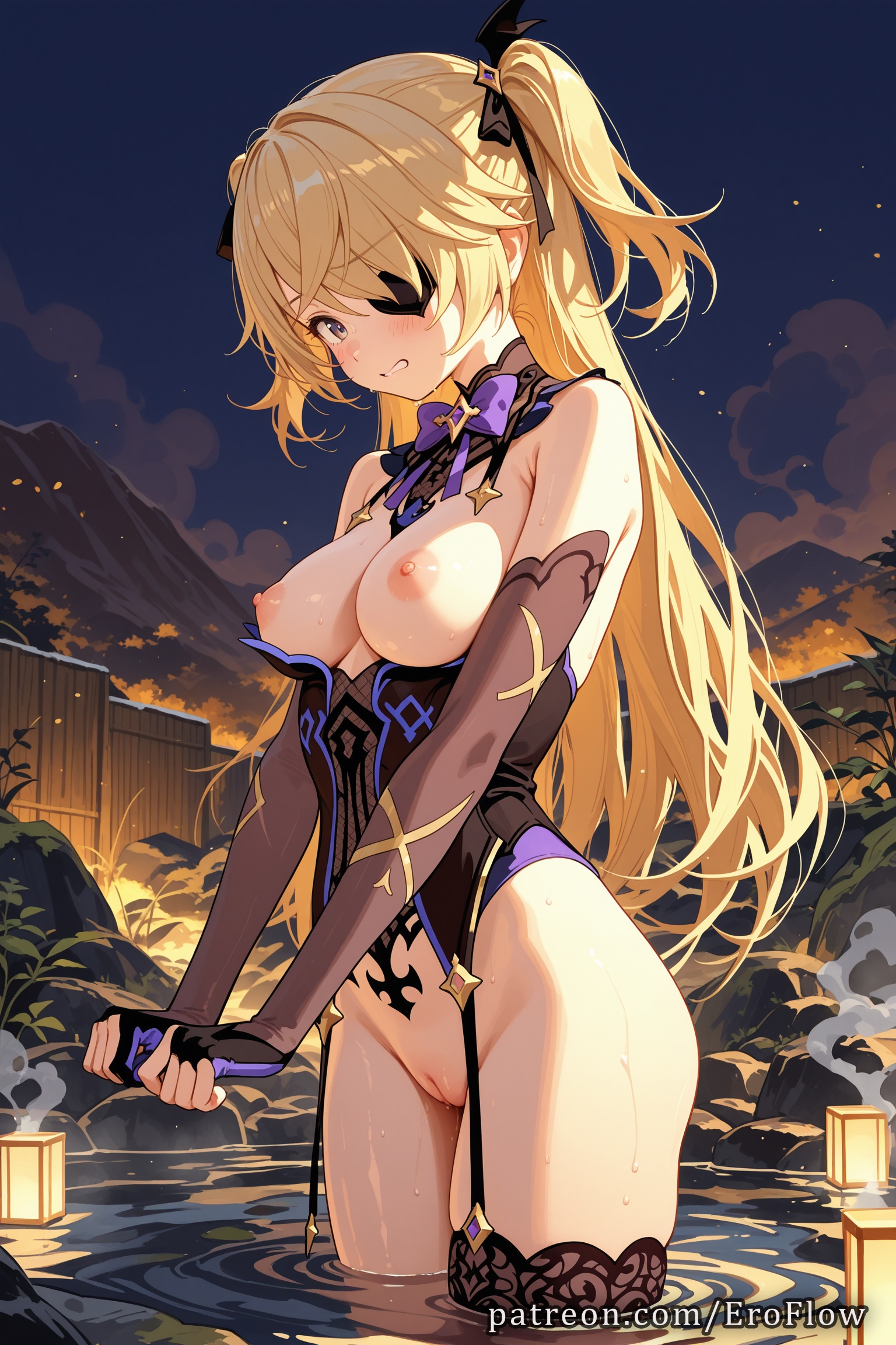 1girls, 2025, ai generated, bare shoulders, black thighhighs, blonde hair, blush, bottomless, bow, bowtie, breasts, breasts out, bridal gauntlets, cleft of venus, clenched teeth, elbow gloves, eroflow, eyepatch, female, fischl (ein immernachtstraum) (genshin impact), fischl (genshin impact), garter straps, genshin impact, gloves, hair over one eye, hair ribbon, hi res, highres, hoyoverse, leotard, long hair, looking at viewer, medium breasts, mihoyo, mihoyo technology (shanghai) co. ltd., night, nipples, outdoors, patreon, purple bow, purple bowtie, pussy, ribbon, single thighhigh, solo, tattoo, teeth, thighhighs, thighs, two side up, voluptuous, voluptuous female, water, wet, wig