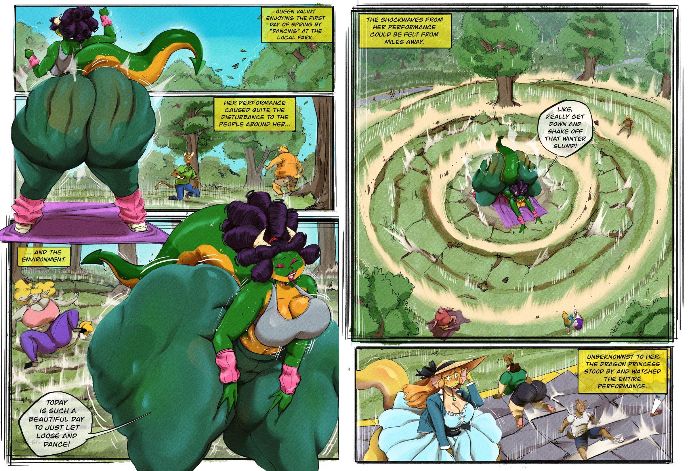 anthro, ass, big breasts, breasts, comic, destruction, female, giantess, huge thighs, hyper ass, larger female, massive ass, princess (rchammer), queen valint (rchammer), rchammer, size difference, stitched, tank top, thick thighs, thighs, twerking