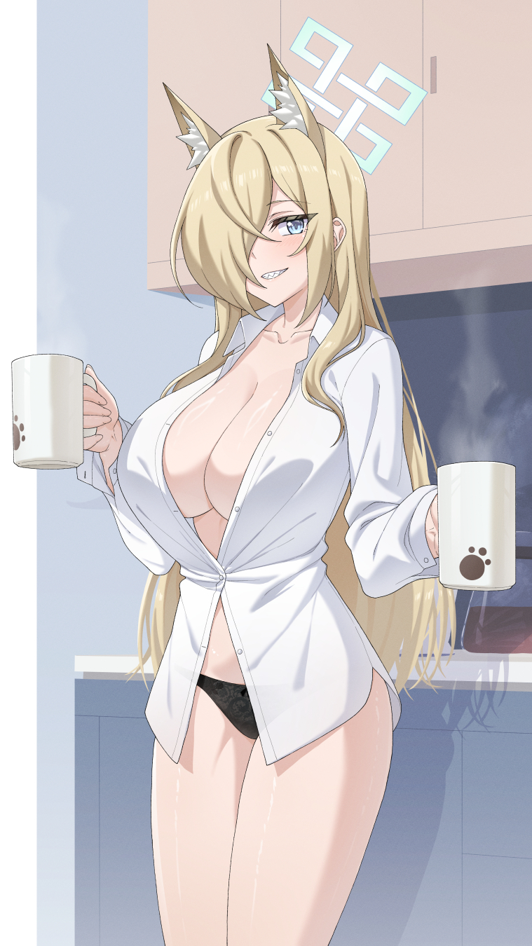 1female 2d big_breasts blonde_female blonde_hair blue_archive coffee coffee_mug female huge_breasts kanna_(blue_archive) kitchen lingerie mzrz shirt smiling smiling_at_viewer solo_female teeth_showing teeth_visible unbuttoned unbuttoned_shirt visible_panties visible_underwear white_shirt