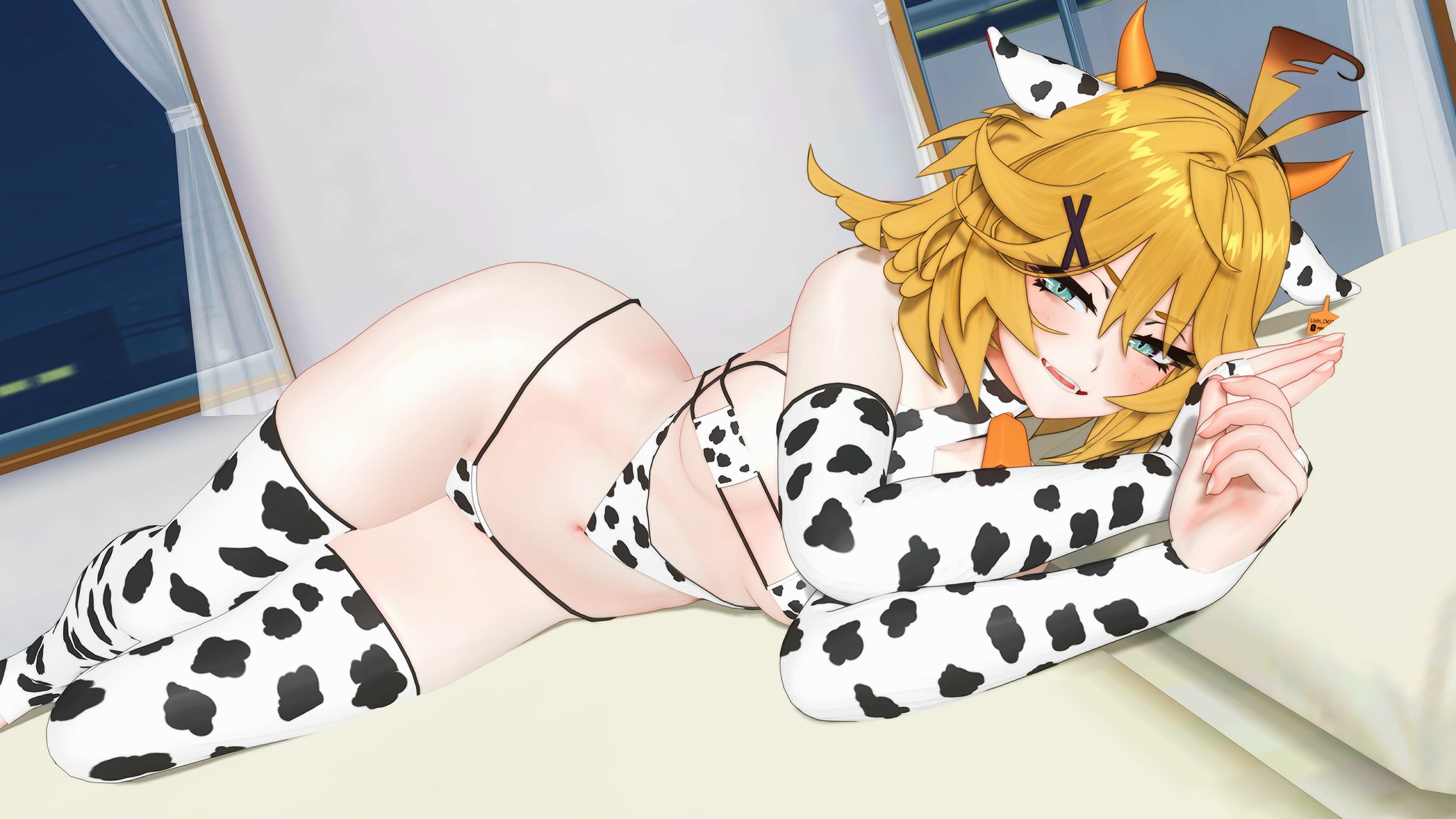 3d, ahoge, bedroom eyes, big thighs, blonde hair, blush, breasts, cow print, dokibird, dokibird (vtuber), female, flesh fang, laying on bed, laying on side, light skin, light-skinned female, looking at viewer, loshi, pale skin, pale-skinned female, sharp teeth, small breasts, turquoise eyes, virtual youtuber, wide hips