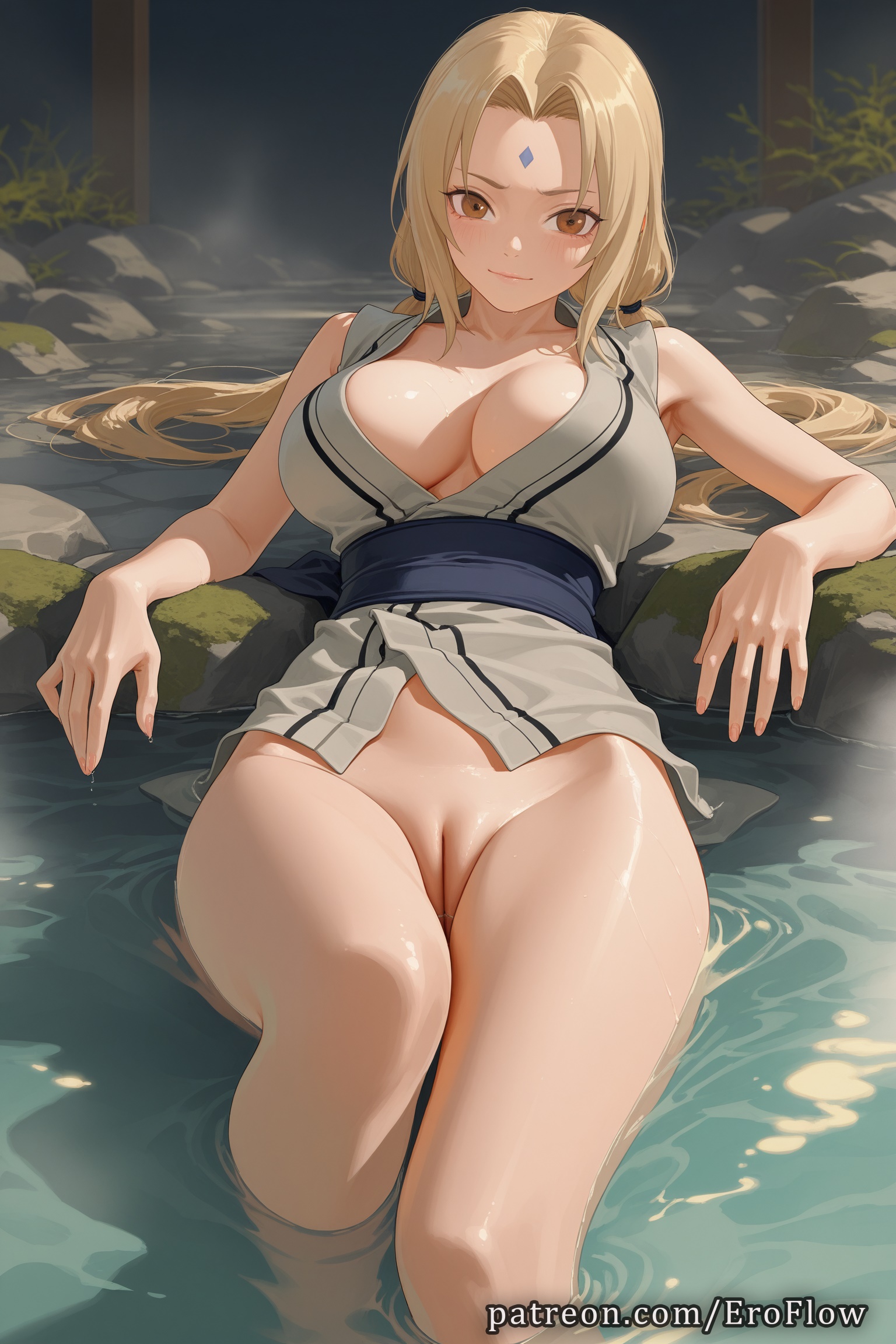 1girls, 2025, ai generated, bangs, bare shoulders, black sash, blonde hair, blush, boruto: naruto next generations, bottomless, breasts, brown eyes, cleavage, cleft of venus, closed mouth, collarbone, eroflow, facial mark, female, forehead mark, genitals, grey kimono, hi res, highres, japanese clothes, kimono, large breasts, long hair, looking at viewer, low twintails, lying, mature female, naruto, naruto (classic), naruto (series), naruto bomb, naruto shippuden, naruto: road to ninja, naruto: the last, onsen, patreon, pool, pussy, sash, sleeveless, smile, solo, thighs, tight pussy, tsunade, twintails, uncensored, voluptuous, voluptuous female, wafuku, water, wet