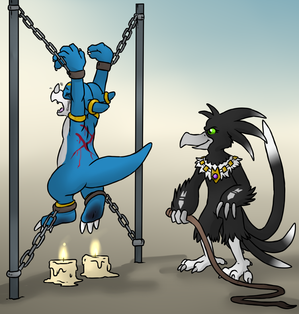 aggrobadger anthro avian bird blood bondage bound candle chains digimon feet_torture male_only torture veemon whip