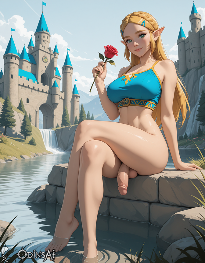 1futa, abs, ai generated, balls, big balls, big breasts, breasts, breath of the wild, curvy, dickgirl, futa only, futa sans pussy, futanari, intersex, looking at viewer, nipples, nude, odinsai, outdoors, penis, perfect body, princess zelda, ready to fuck, small waist, smile, solo, tan skin, testicles, the legend of zelda, water, zelda (breath of the wild)