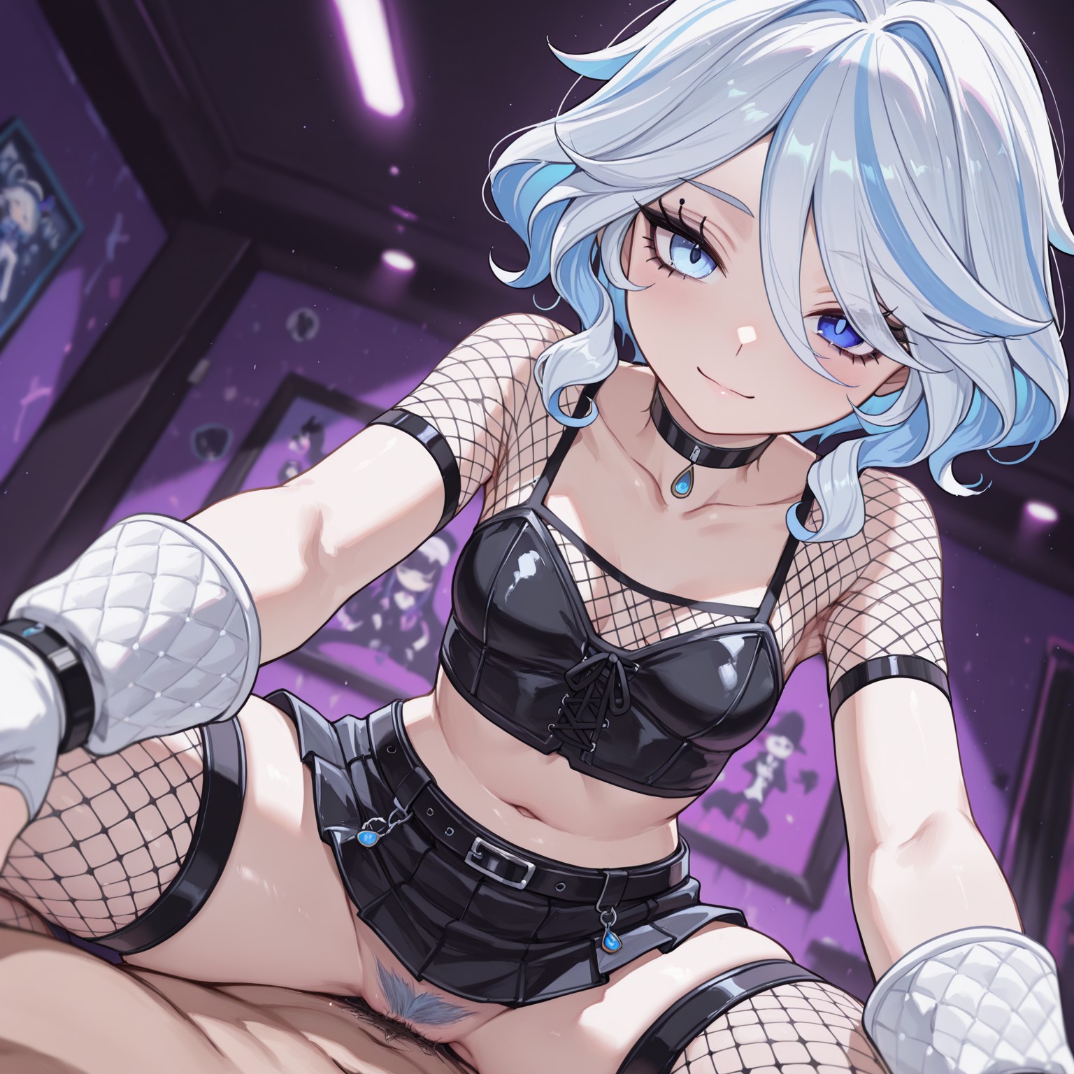 1girls, ahoge, ai generated, blue eyes, breasts, civitai, eyebrows, eyelashes, female, female on top, female pubic hair, fishnet legwear, fishnet stockings, fishnets, furina (genshin impact), genshin impact, hoyoverse, mihoyo, multicolored hair, navel, pubic hair, randomname881, sex, short hair, skirt, small breasts, thighhighs