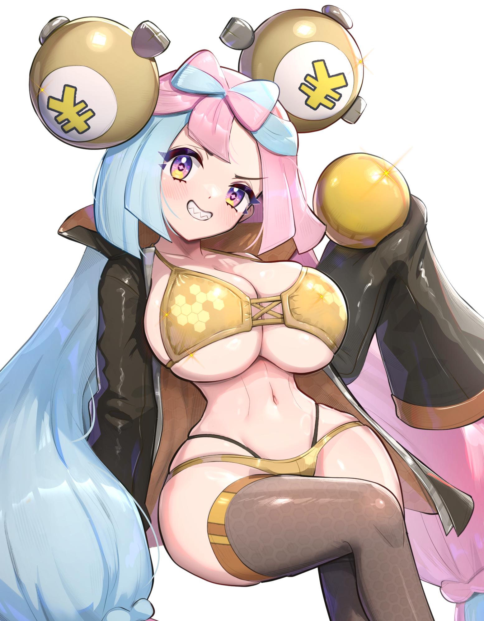 big breasts, big thighs, breasts, female, game freak, gold bikini, gonzarez, iono (pokemon), nintendo, pokemon, pokemon sv, tagme, white background