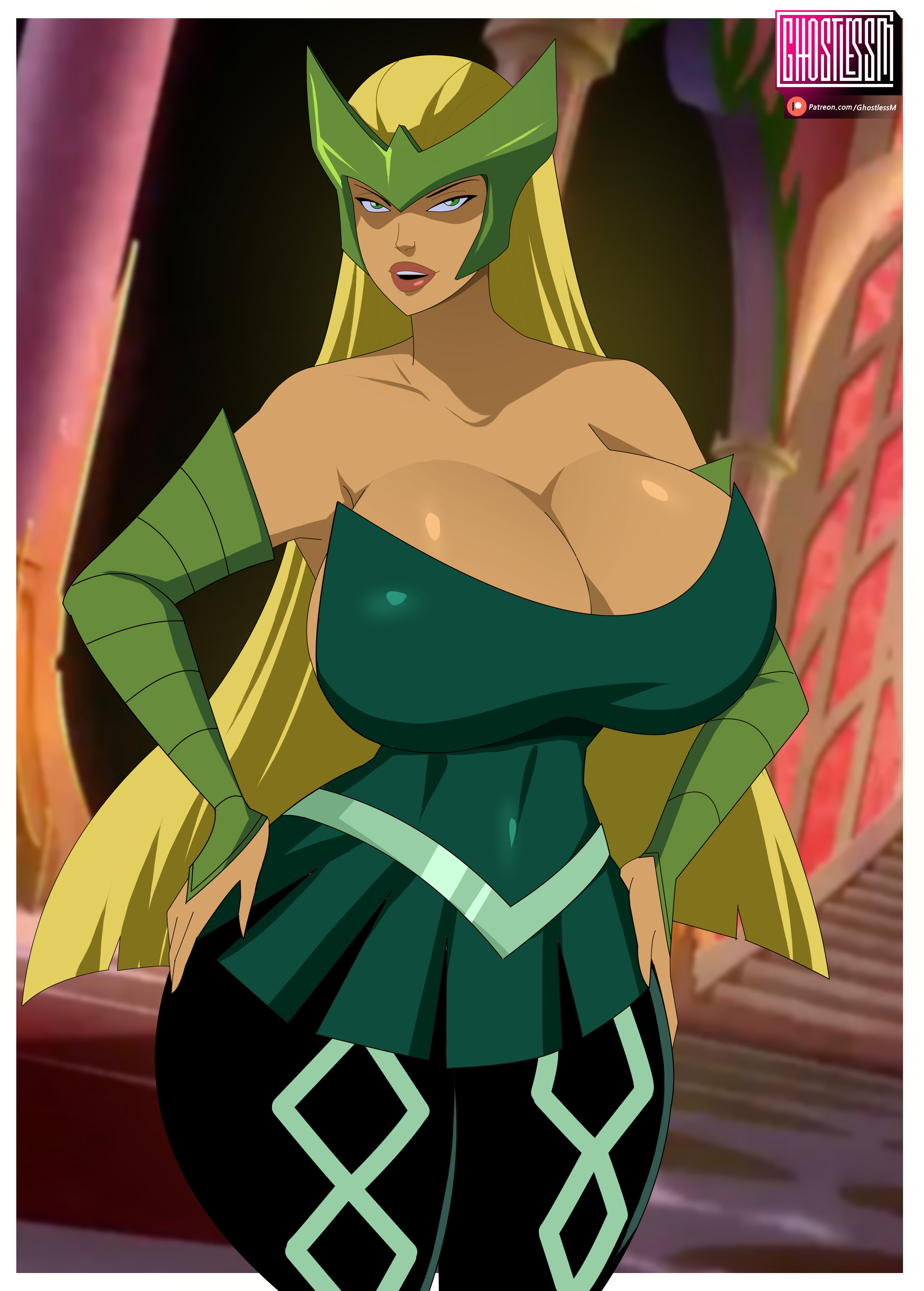 1girls, big breasts, blonde hair, breasts, cleavage, enchantress (amora), female, female only, ghostlessm, green eyes, huge breasts, hulk vs thor (2009), marvel, marvel animated universe, marvel comics, tagme, thor (series)