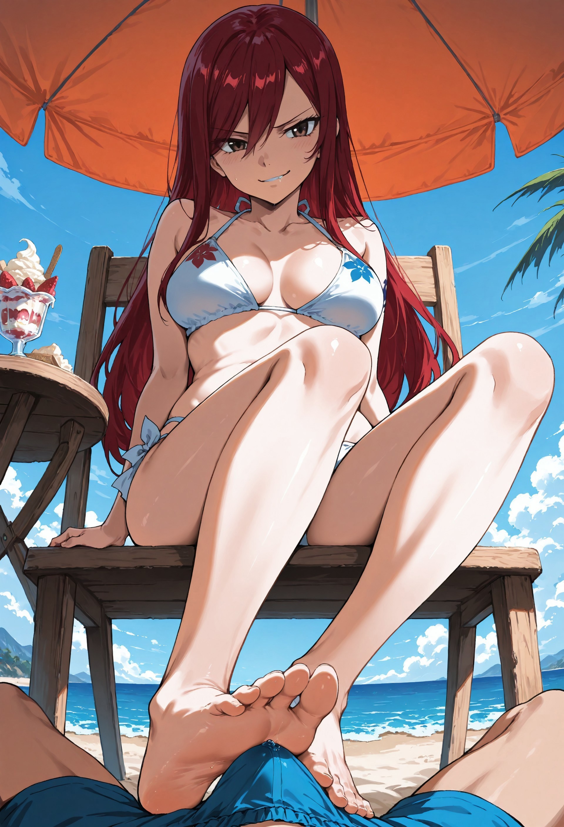 1boy, 1girls, ai generated, barefoot, beach, bikini, crush, elkazama yumi, erection under clothes, erza scarlet, fairy tail, female, foot fetish, foot slave, footjob, footjob over clothes, male, penis, red hair, red-haired female, stepping on penis