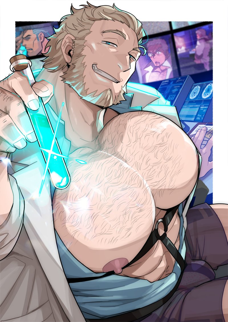 1boy absol_(dkqthf) bara bara_tiddies bara_tits big_chest big_pecs busty chemist dkqthf gay huge_chest huge_pecs male male_only scientist solo solo_male vial