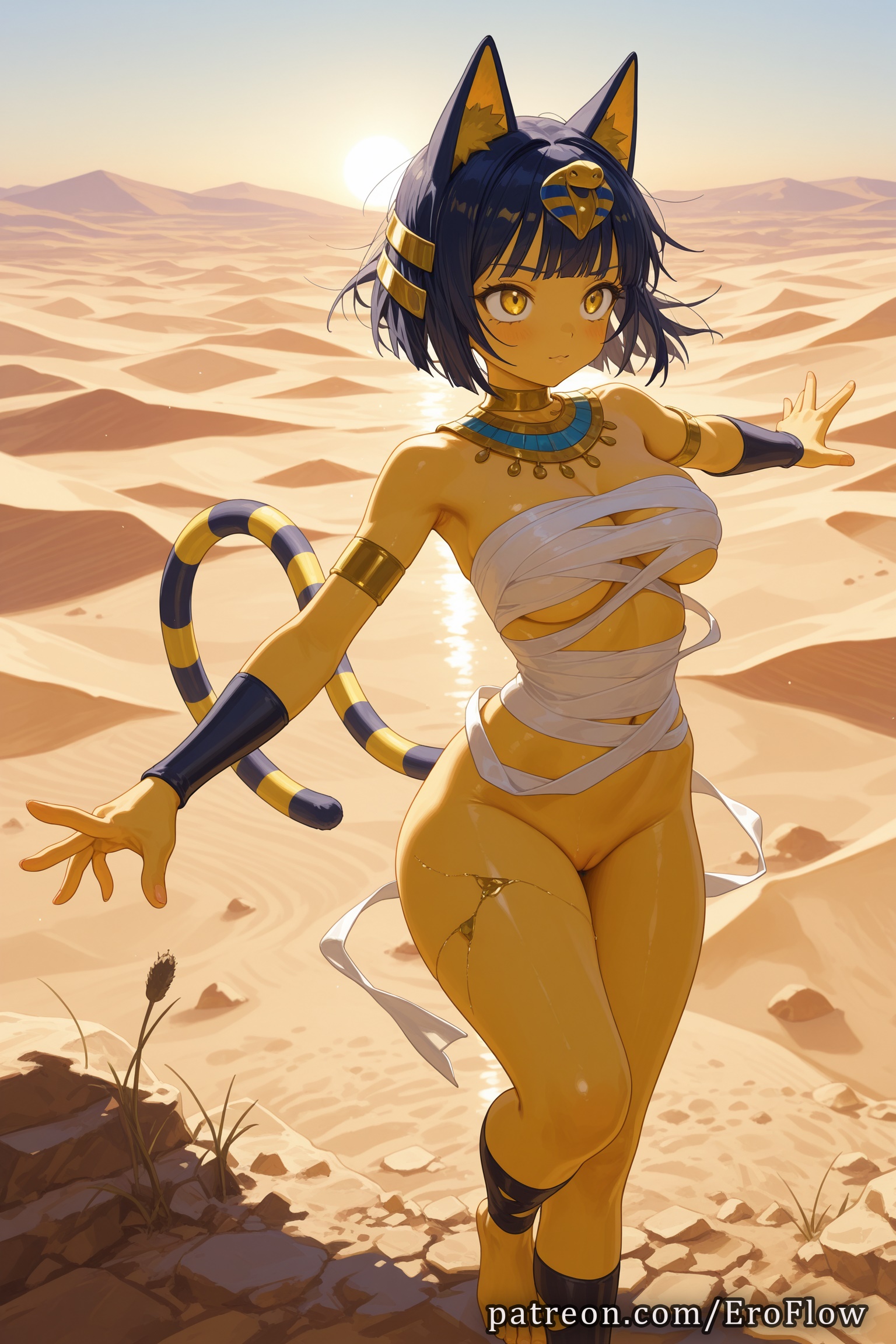 1girls, 2025, ai generated, animal crossing, animal crossing girl, animal crossing new horizons, animal crossing new leaf, animal ears, ankh, ankha, ankha (animal crossing), ankha (cosplay), armlet, bandages, bangs, bare shoulders, blue hair, breasts, budget sarashi, cat ears, cat girl, cat tail, closed mouth, dark skin, dark-skinned female, desert, egyptian, egyptian clothes, eroflow, female, hair ornament, hi res, highres, jewelry, looking away, medium breasts, mountainous horizon, navel, nude, outdoors, outstretched arms, patreon, pussy, sarashi, short hair, solo, standing, sun, sunset, tail, usekh collar, voluptuous, voluptuous female, yellow eyes, yellow skin