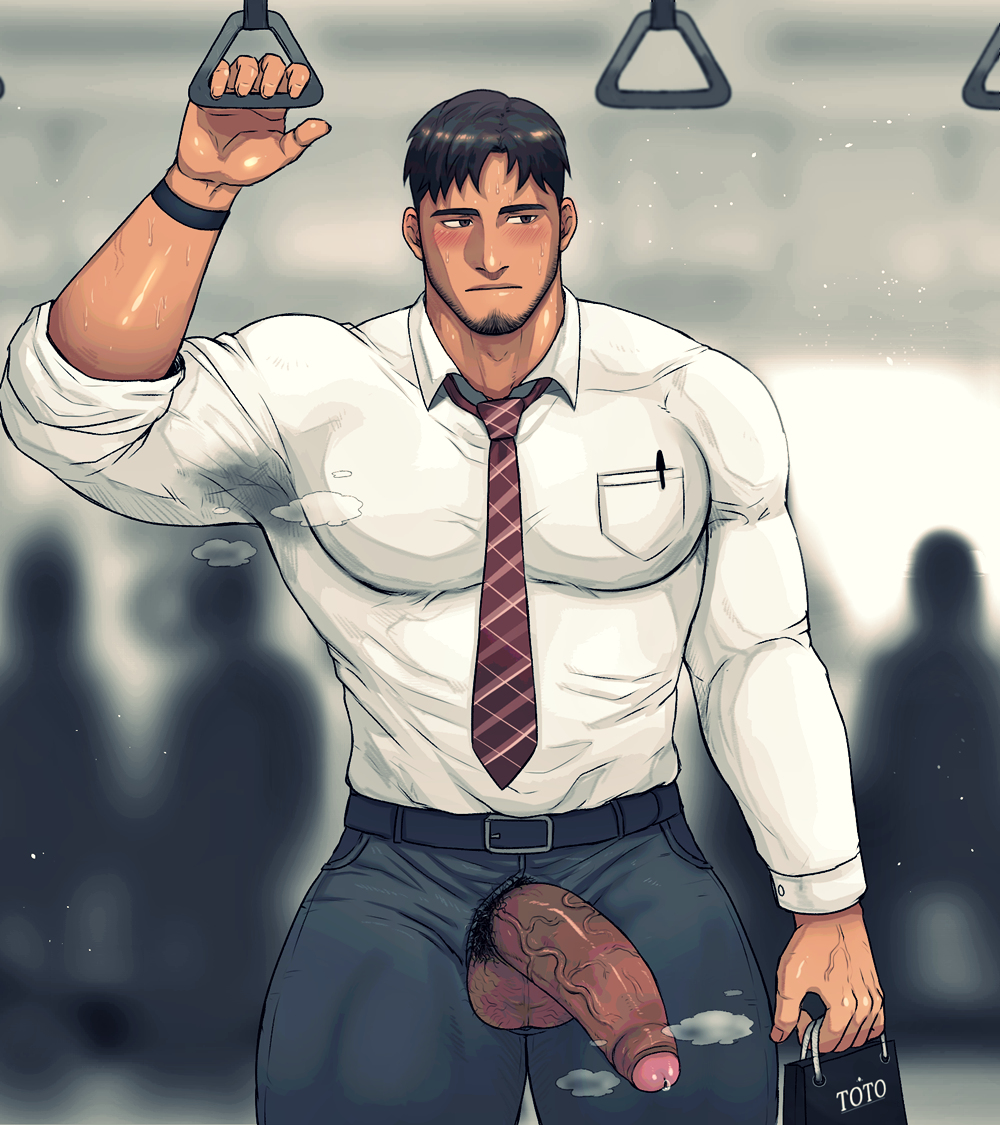 balls, bara, beard, big penis, cum, facial hair, flaccid, foreskin, gay, large penis, male, male only, muscles, muscular, partially retracted foreskin, pecs, penis, penis out, penis through fly, pubic hair, public, public transportation, retracted foreskin, solo, solo male, sweat, sweat stain, sweaty, testicles, toto (artist), train, uncircumcised, yaoi