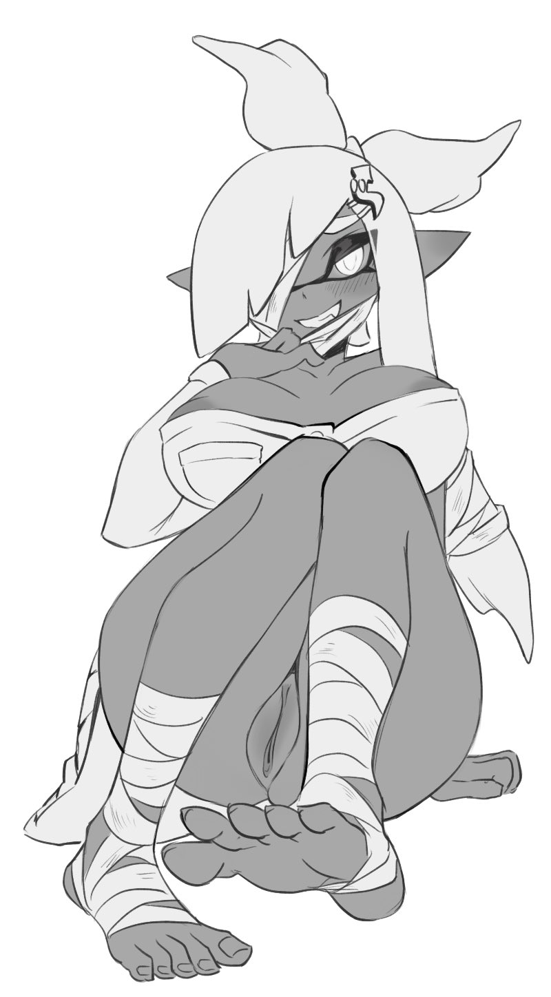 1girls, areola slip, bandage, black and white, breasts, feet, female, female only, inkling, jtveemo, monochrome, nipple slip, nipples, pussy, solo, splatoon