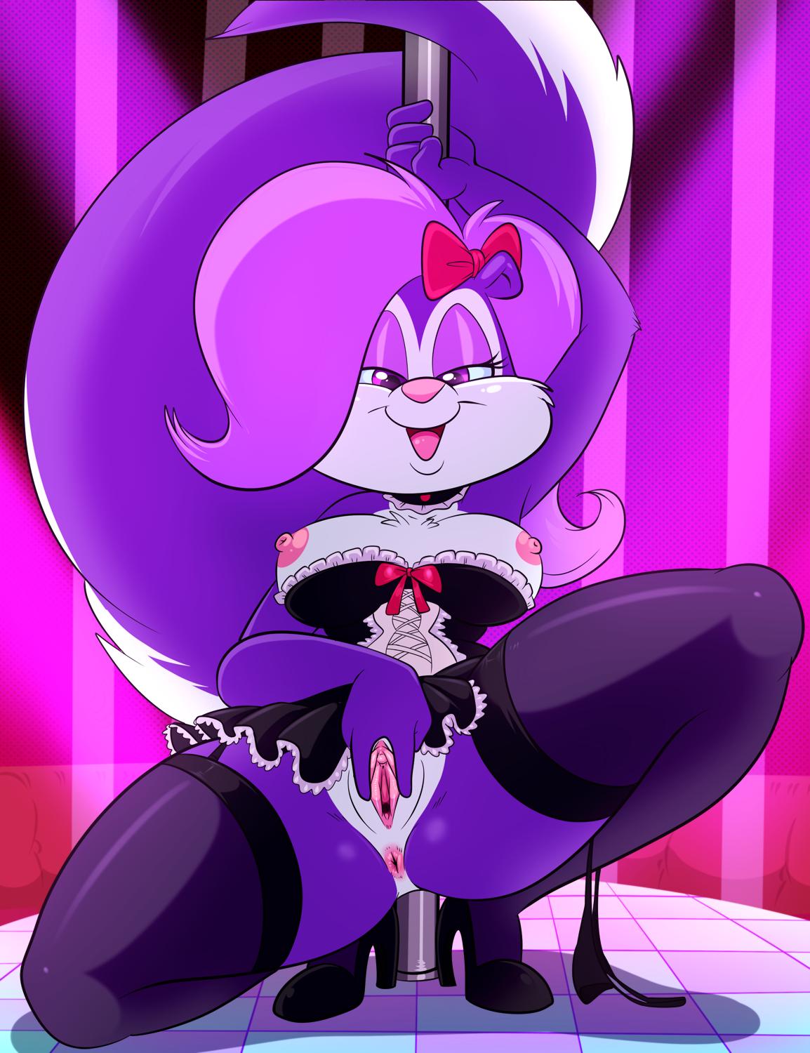 anthro, anus, areola, bow, breasts, clitoris, clothing, dancing, female, fifi la fume, footwear, fur, furry, furry only, garter straps, hair, hair ribbon, hairbow, half-closed eyes, hi res, high heels, legwear, lonbluewolf, looking at viewer, maid uniform, mammal, nipples, open mouth, panties, panties around one leg, partially clothed, pole, pole dancing, presenting, presenting anus, presenting pussy, purple eyes, purple fur, purple hair, pussy, ribbons, skunk, solo, stockings, stripper, tail, thick thighs, tiny toon adventures, tongue, underwear, underwear around one leg, uniform, warner brothers