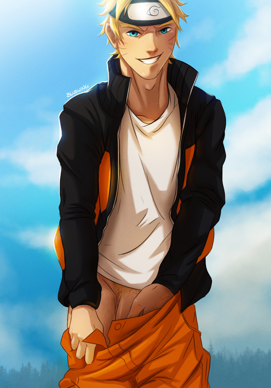 1boy, bludwing, gay, gay male, headband, male, male only, naruto, naruto (series), outdoors, penis, penis peek, sky, smile, solo, teeth, undressing, uzumaki naruto, yaoi