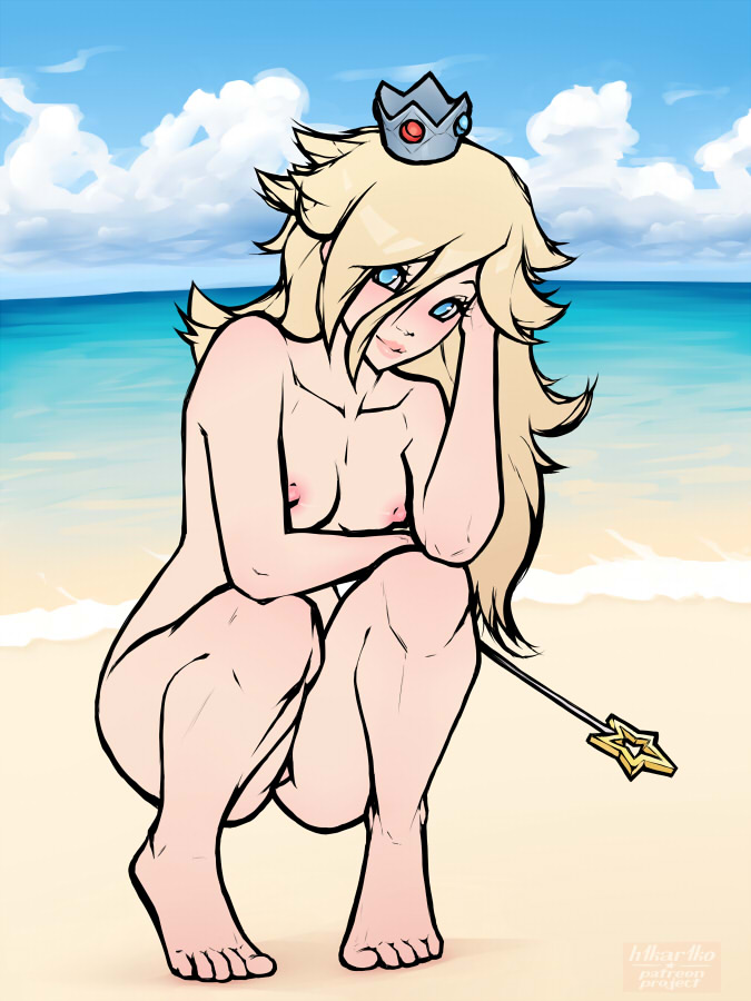 1girls, areolae, artist name, barefoot, beach, blonde hair, blue eyes, breasts, clouds, collarbone, crouching, crown, feet, female, female only, h1kar1ko, hair between eyes, long hair, looking at viewer, mario (series), nintendo, nipples, nude, ocean, outdoors, princess rosalina, seaside, sky, smile, solo, squatting, toes, wand