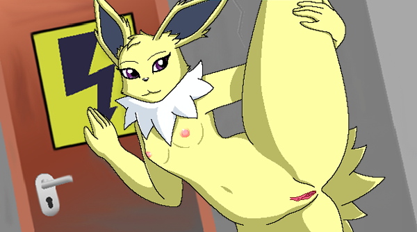 anthro anthrofied breasts door dutch_angle eeveelution female infamousrel jolteon leaning looking_at_viewer nintendo nipples pokeandpenetrate pokemon pokemon_(species) pose pussy raised_leg sign small_breasts solo spread_legs spreading traditional_media_(artwork) video_games