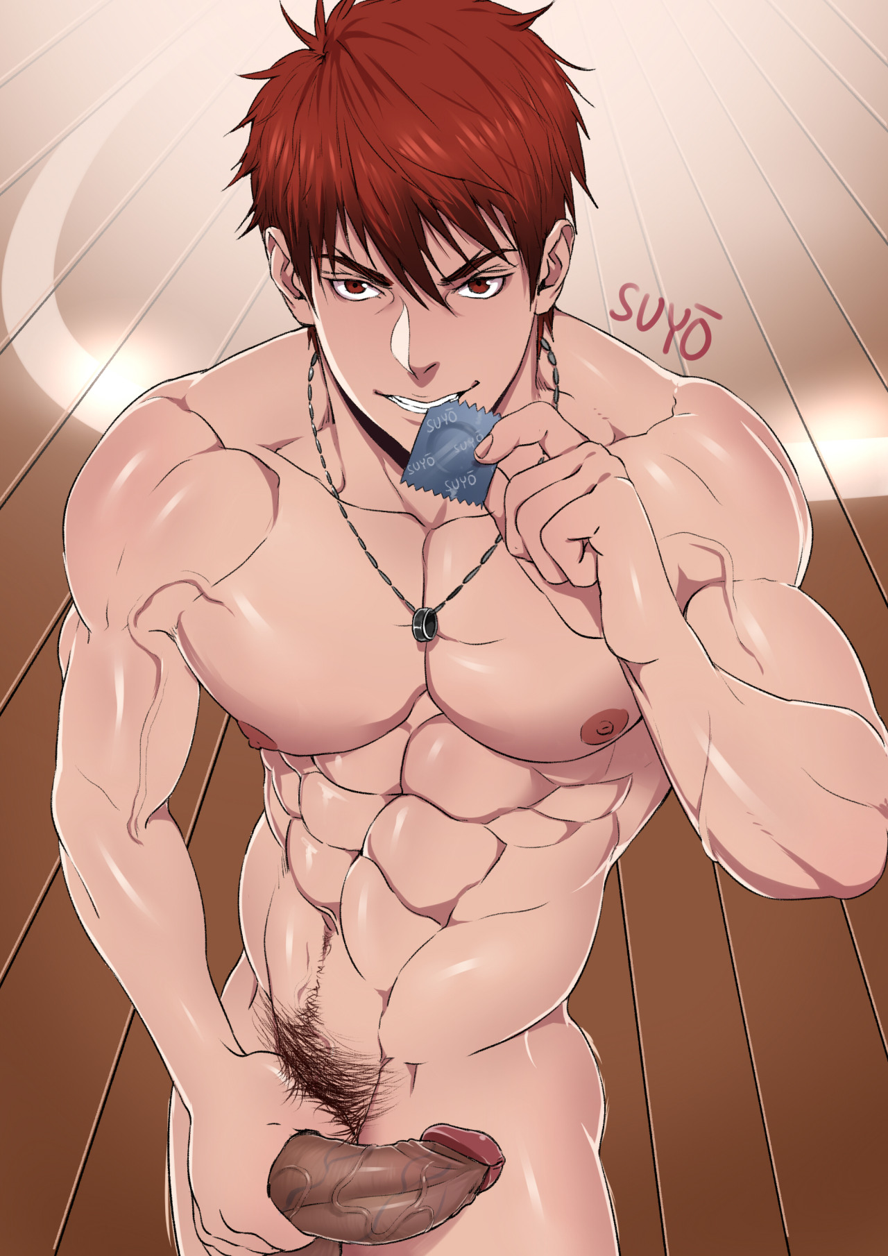 1boy, abs, auburn hair, condom, erection, kagami taiga, kuroko no basuke, male, male only, muscles, muscular, muscular male, naughty face, nude, pecs, penis, solo, suyohara, taiga kagami, yaoi