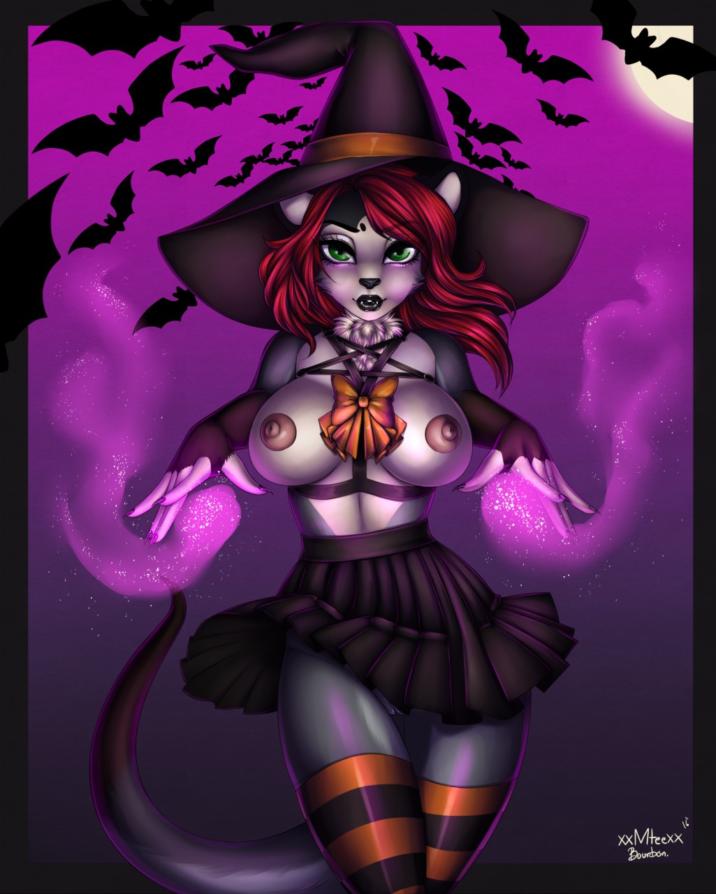 anthro areola big_breasts bourbon_(artist) breasts clothed clothing female hat looking_at_viewer magic mammal mouse nipples pleated_skirt pussy rodent skirt solo wide_hips witch_hat xxmteexx