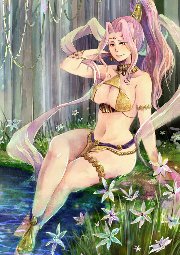 breasts clothing curvy jeane jewelry loincloth purple_hair scarf smile suikoden thighs water